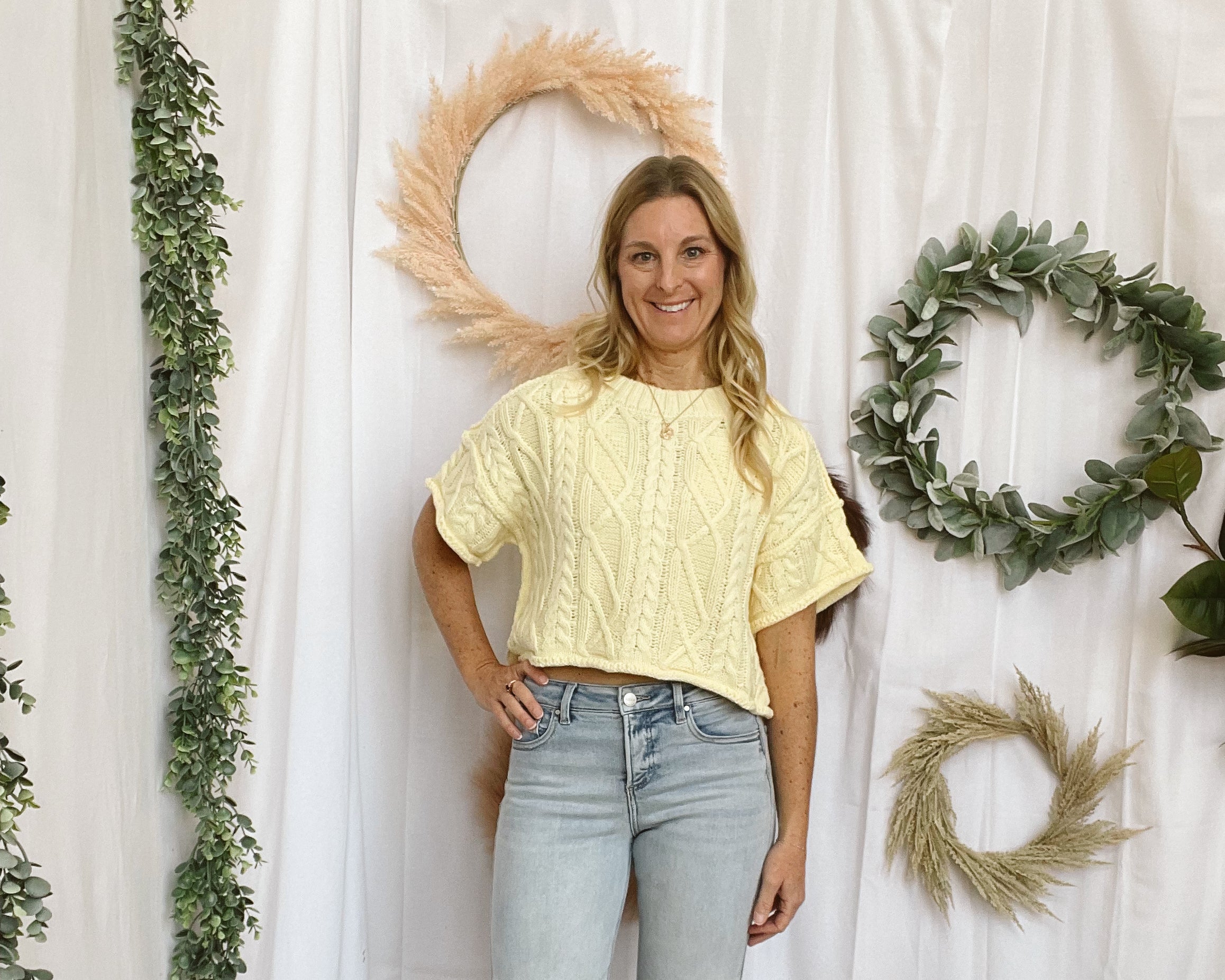 Lisa Cable Short Sleeve Sweater Top-Yellow-Short Sleeve Tops-lelis-The Silo Boutique, Women's Fashion Boutique Located in Warren and Grand Forks North Dakota