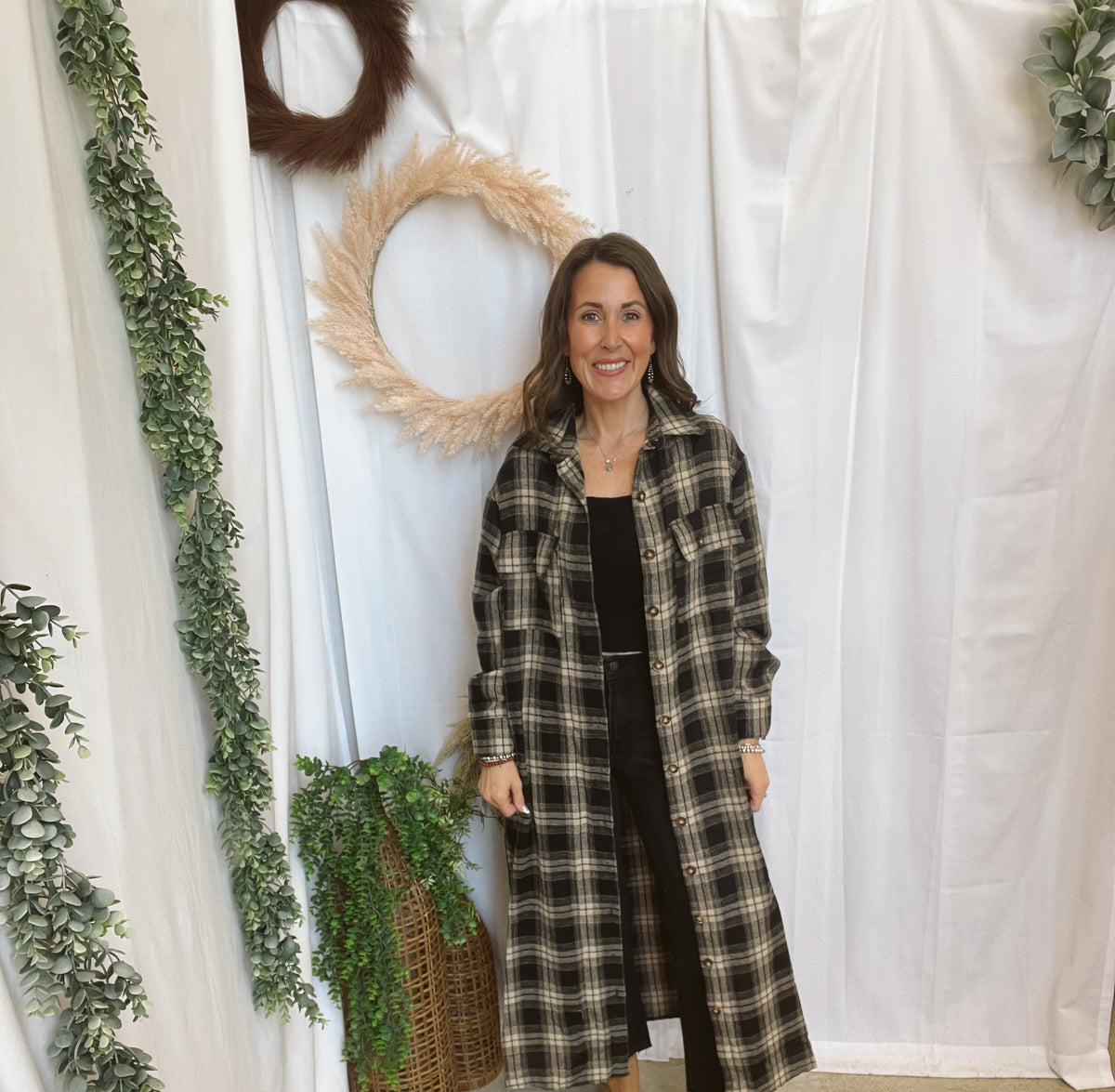 Panache Long Flannel-Black Mix-Cardigans-panaache-The Silo Boutique, Women's Fashion Boutique Located in Warren and Grand Forks North Dakota