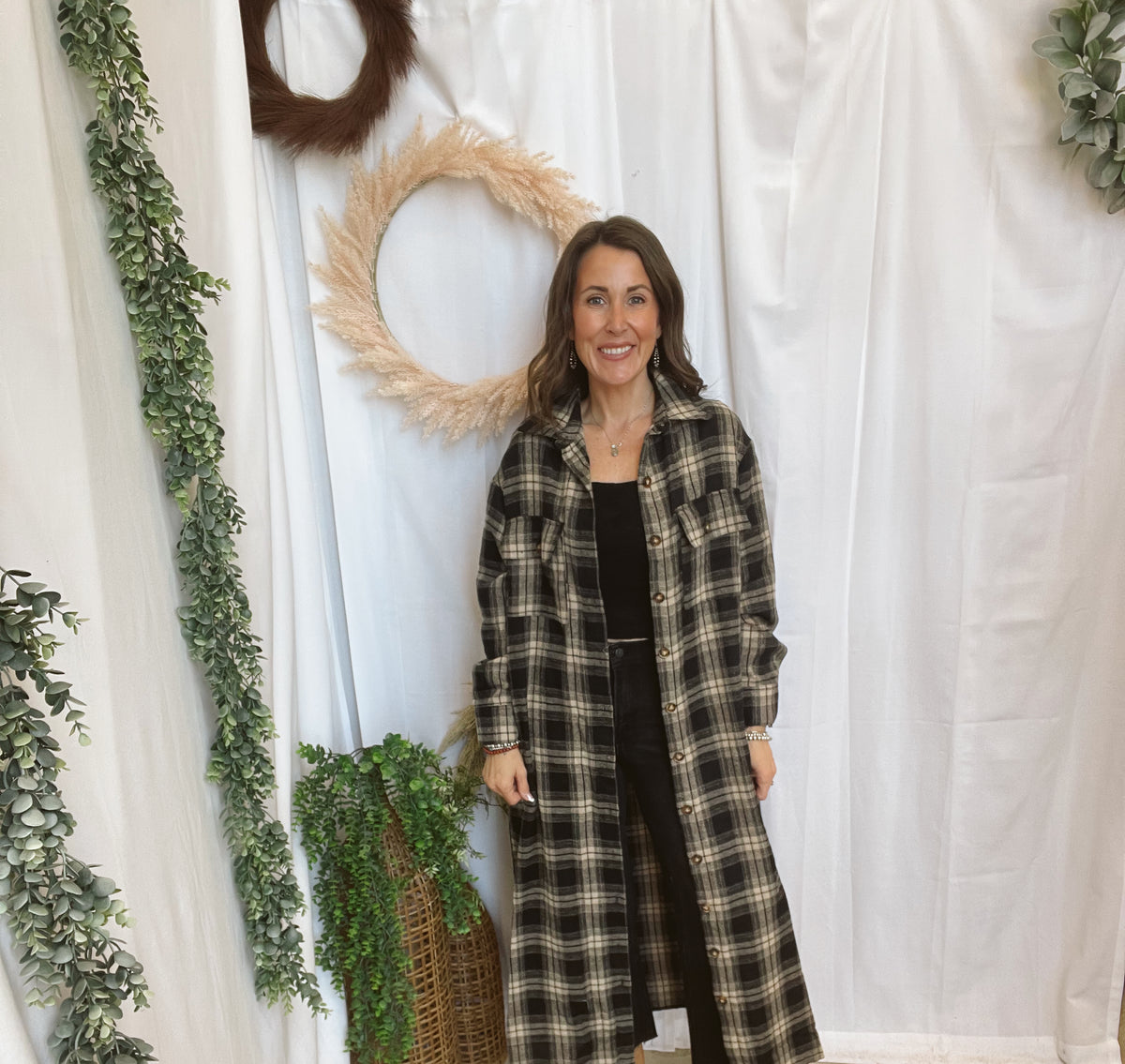 Panache Long Flannel-Black Mix-Cardigans-panaache-The Silo Boutique, Women's Fashion Boutique Located in Warren and Grand Forks North Dakota