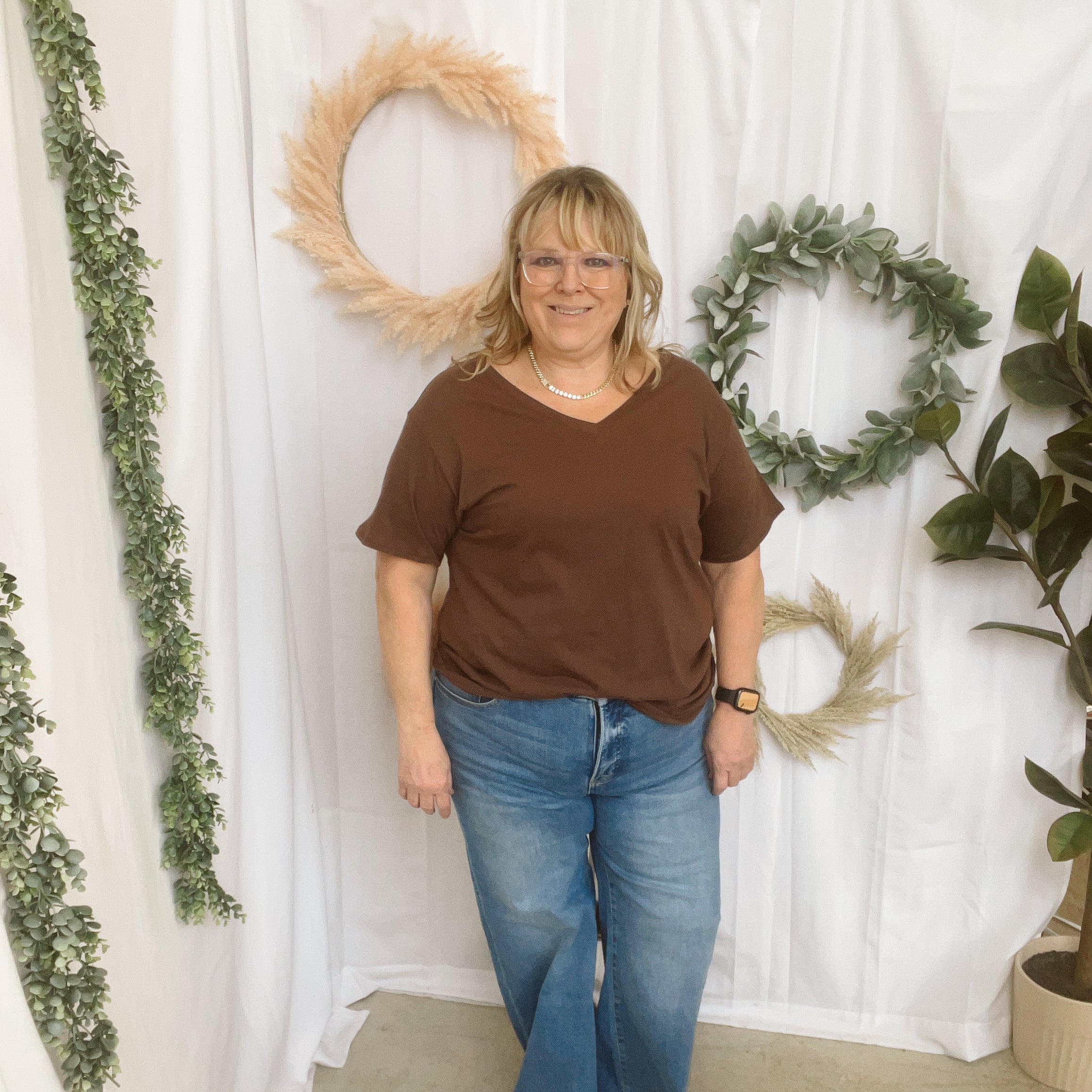 Bobbi V Neck Tee-Brown-Short Sleeve Tops-Zenana-The Silo Boutique, Women's Fashion Boutique Located in Warren and Grand Forks North Dakota