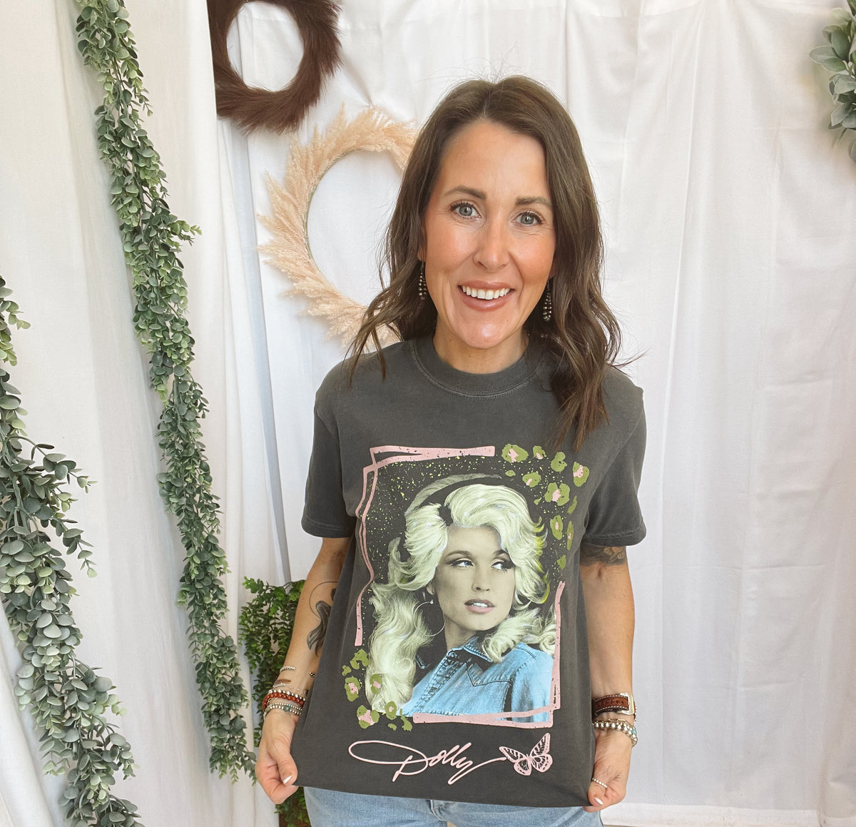 Dolly Vintage Charm Tee-Gray-Graphic Tees-birdies-The Silo Boutique, Women's Fashion Boutique Located in Warren and Grand Forks North Dakota