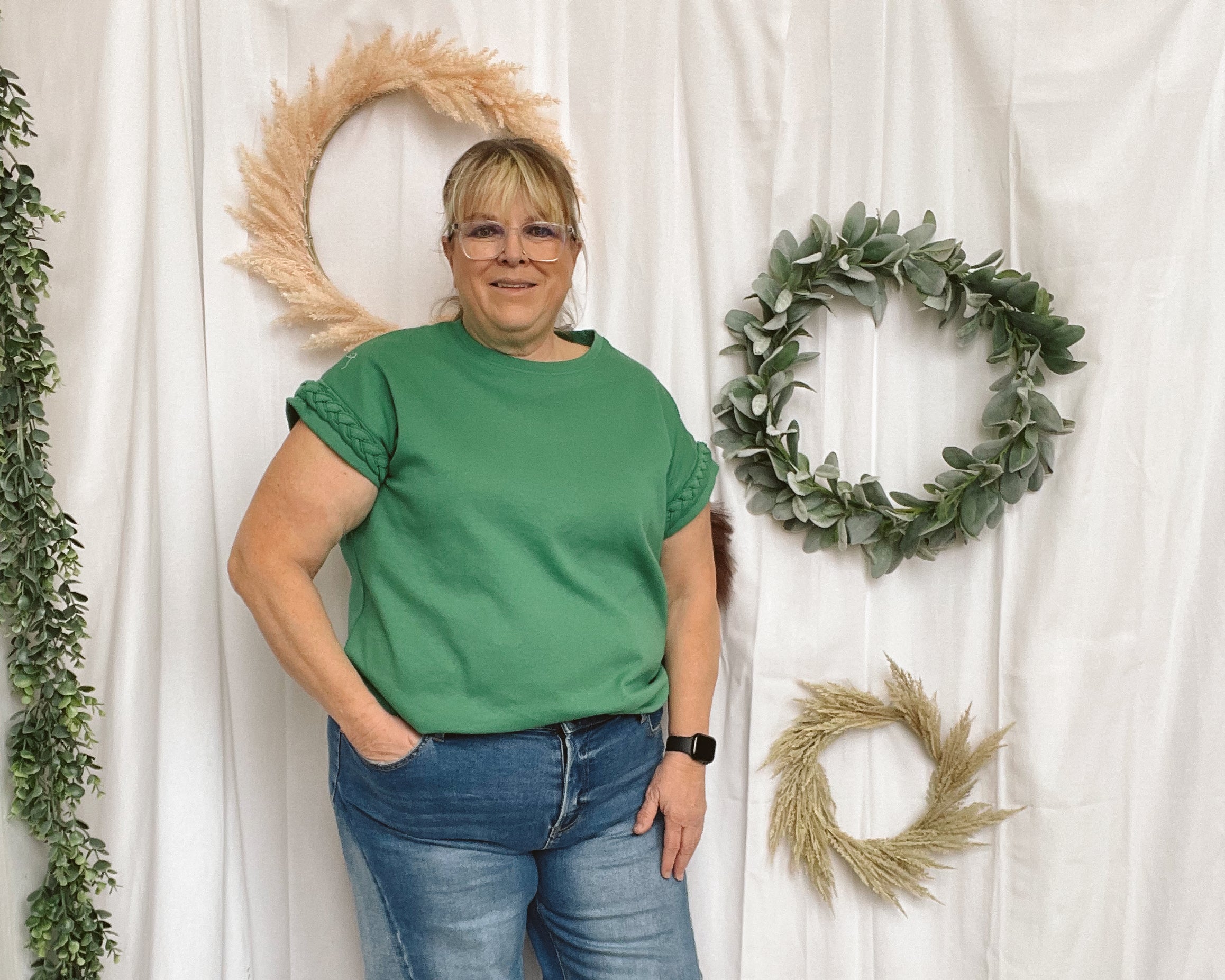 Eve Braided Sleeve Top-Green-Short Sleeve Tops-ENTRO-The Silo Boutique, Women's Fashion Boutique Located in Warren and Grand Forks North Dakota