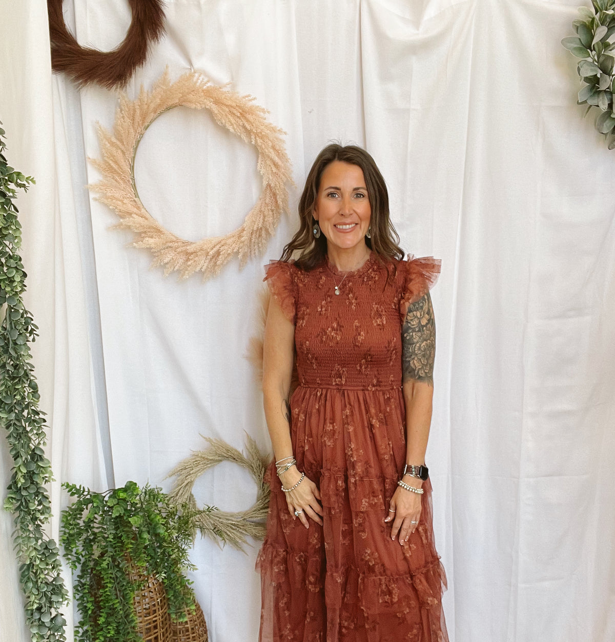 Tia Ruffle Floral Dress-Terracotta-Dresses-blu pepper-The Silo Boutique, Women's Fashion Boutique Located in Warren and Grand Forks North Dakota