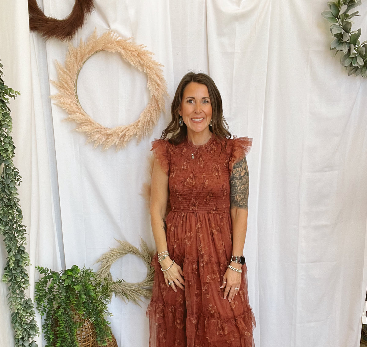 Tia Ruffle Floral Dress-Terracotta-Dresses-blu pepper-The Silo Boutique, Women's Fashion Boutique Located in Warren and Grand Forks North Dakota