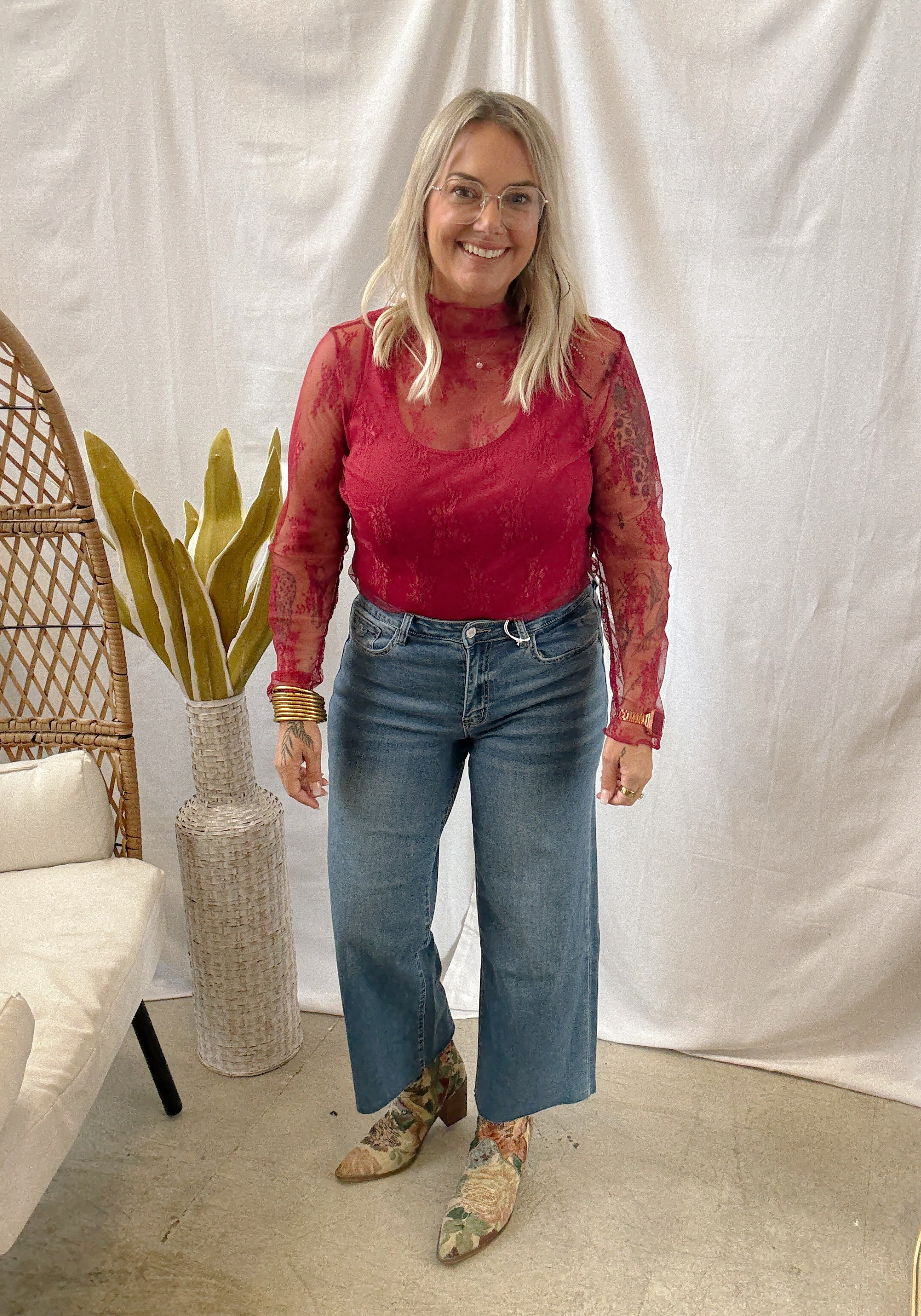 Rose Wine Lace Top-Long Sleeve Tops-larose-The Silo Boutique, Women's Fashion Boutique Located in Warren and Grand Forks North Dakota