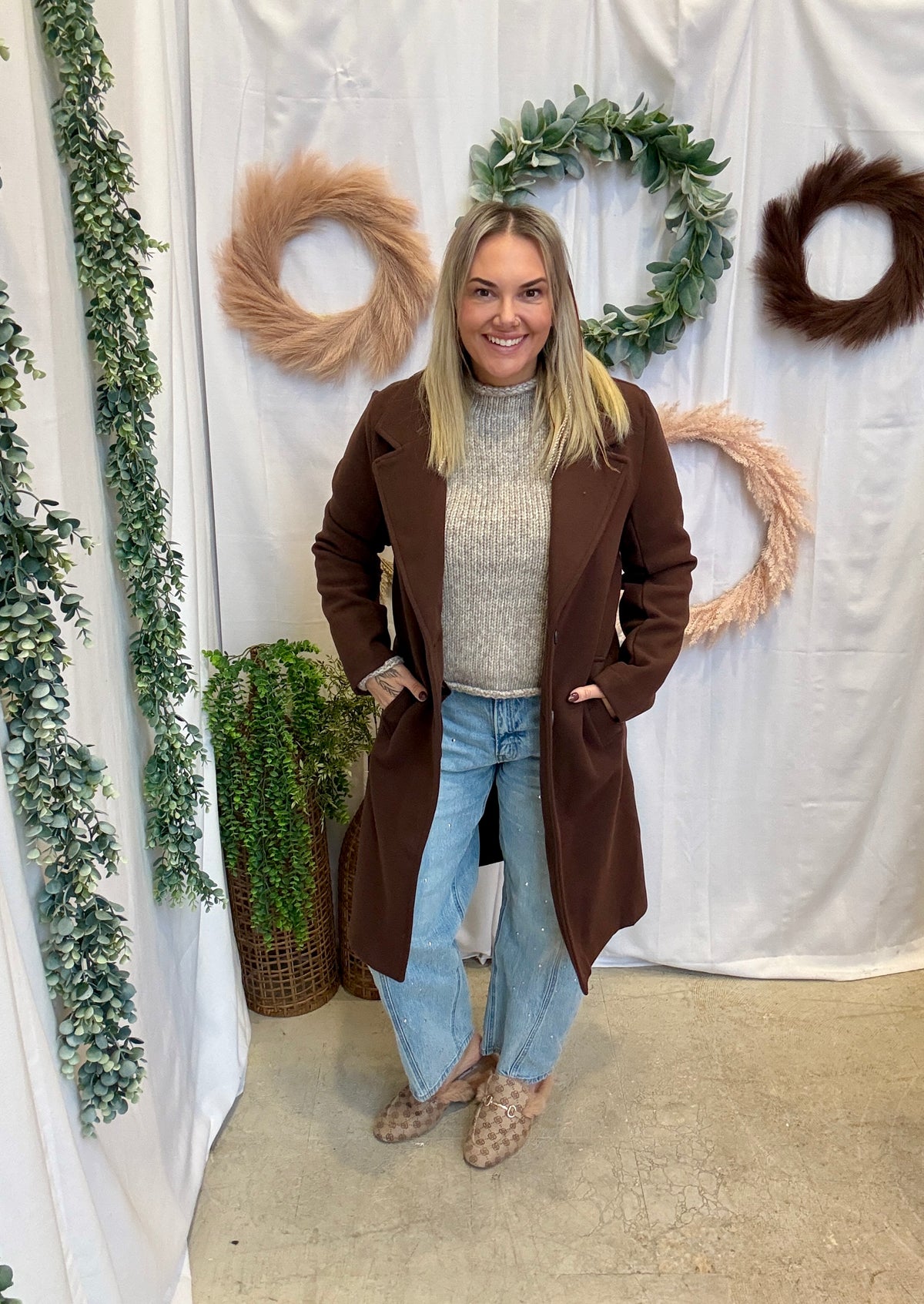 Nora Longline Lapel Coat-Brown-Coats & Jackets-love tree-The Silo Boutique, Women's Fashion Boutique Located in Warren and Grand Forks North Dakota