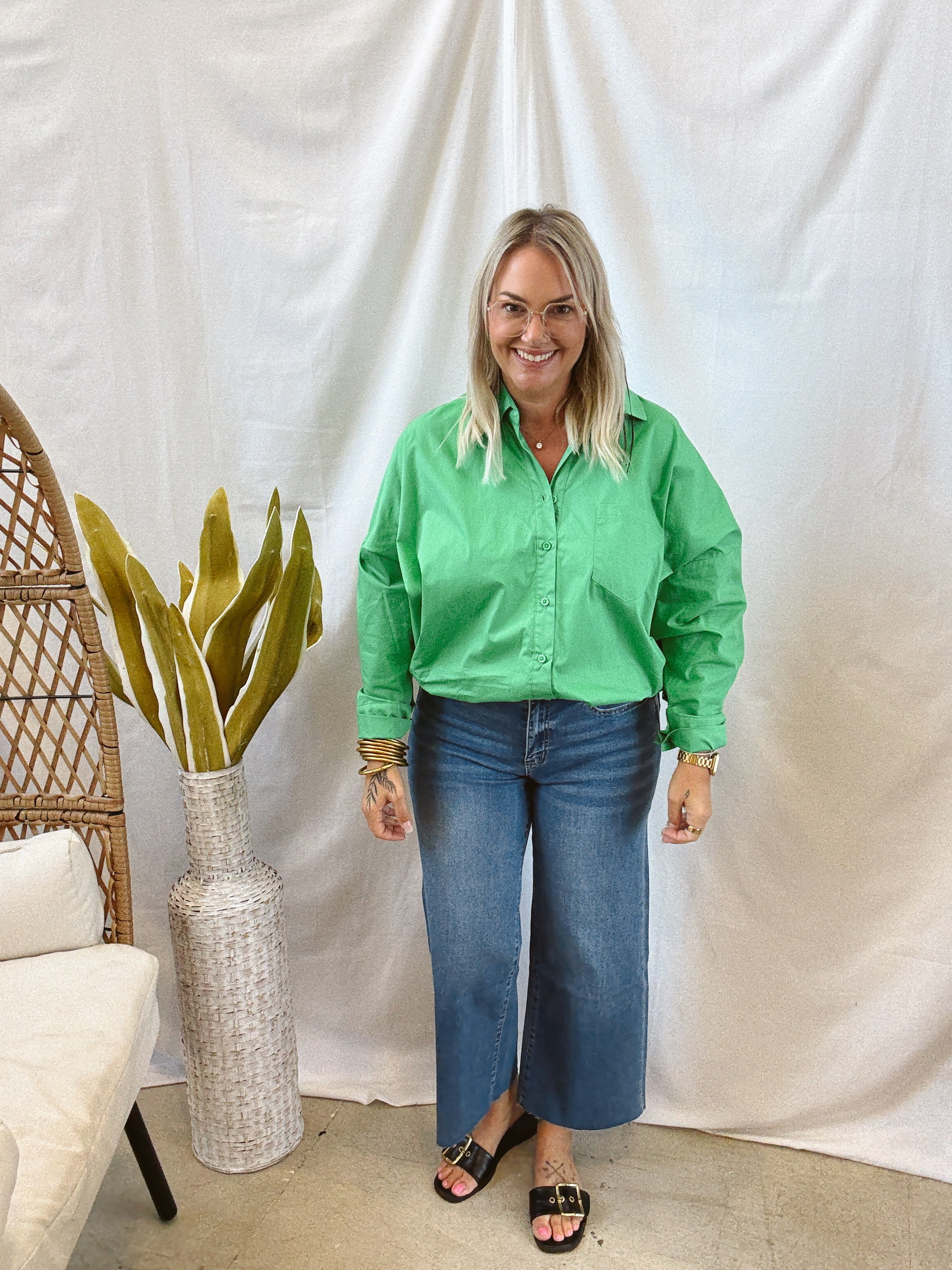 Green Button Down Long Sleeve Top-Long Sleeve Tops-hyfve-The Silo Boutique, Women's Fashion Boutique Located in Warren and Grand Forks North Dakota
