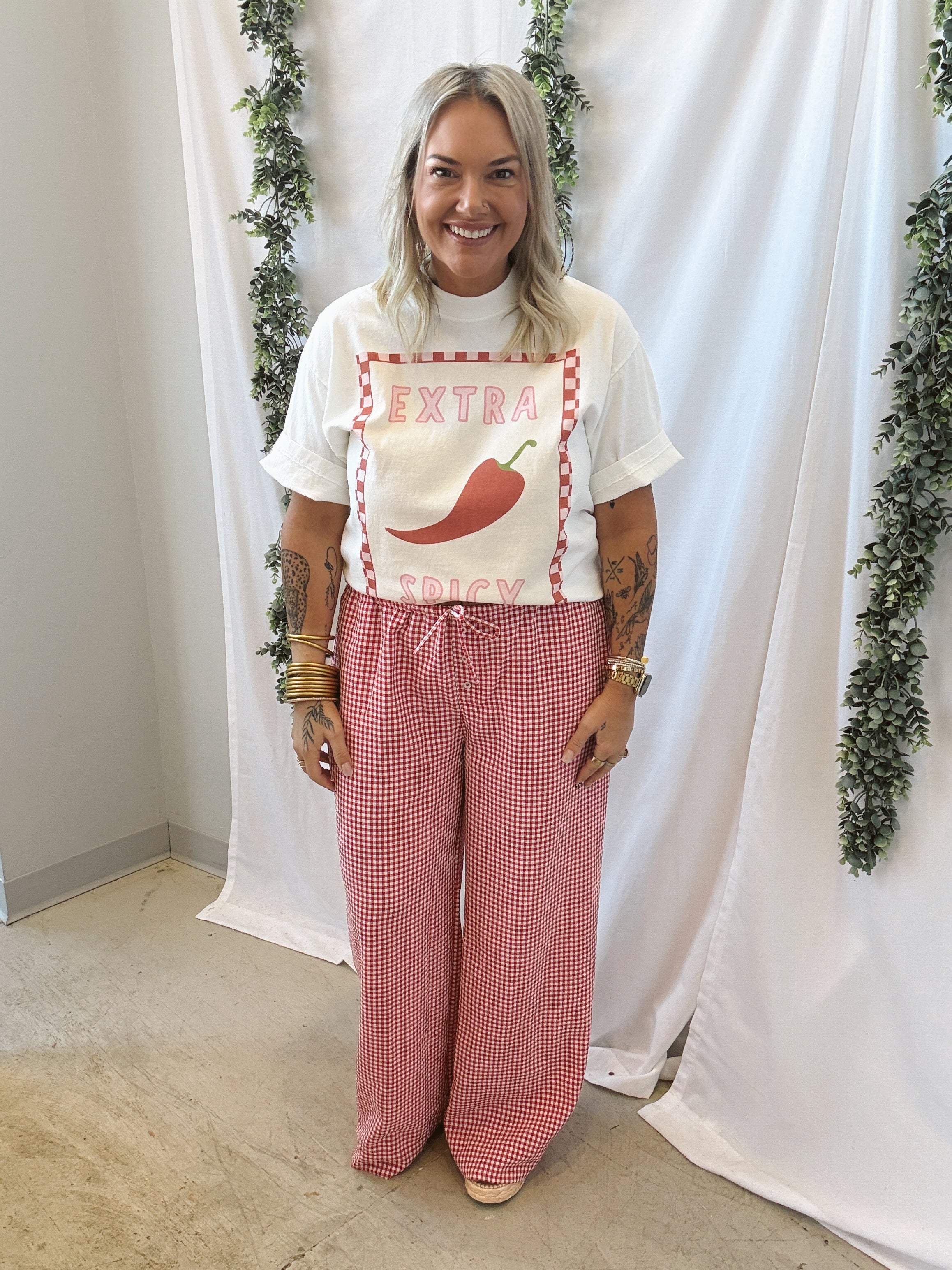 Gingham Wide Leg Pants-Red-Pants-hyfve-The Silo Boutique, Women's Fashion Boutique Located in Warren and Grand Forks North Dakota