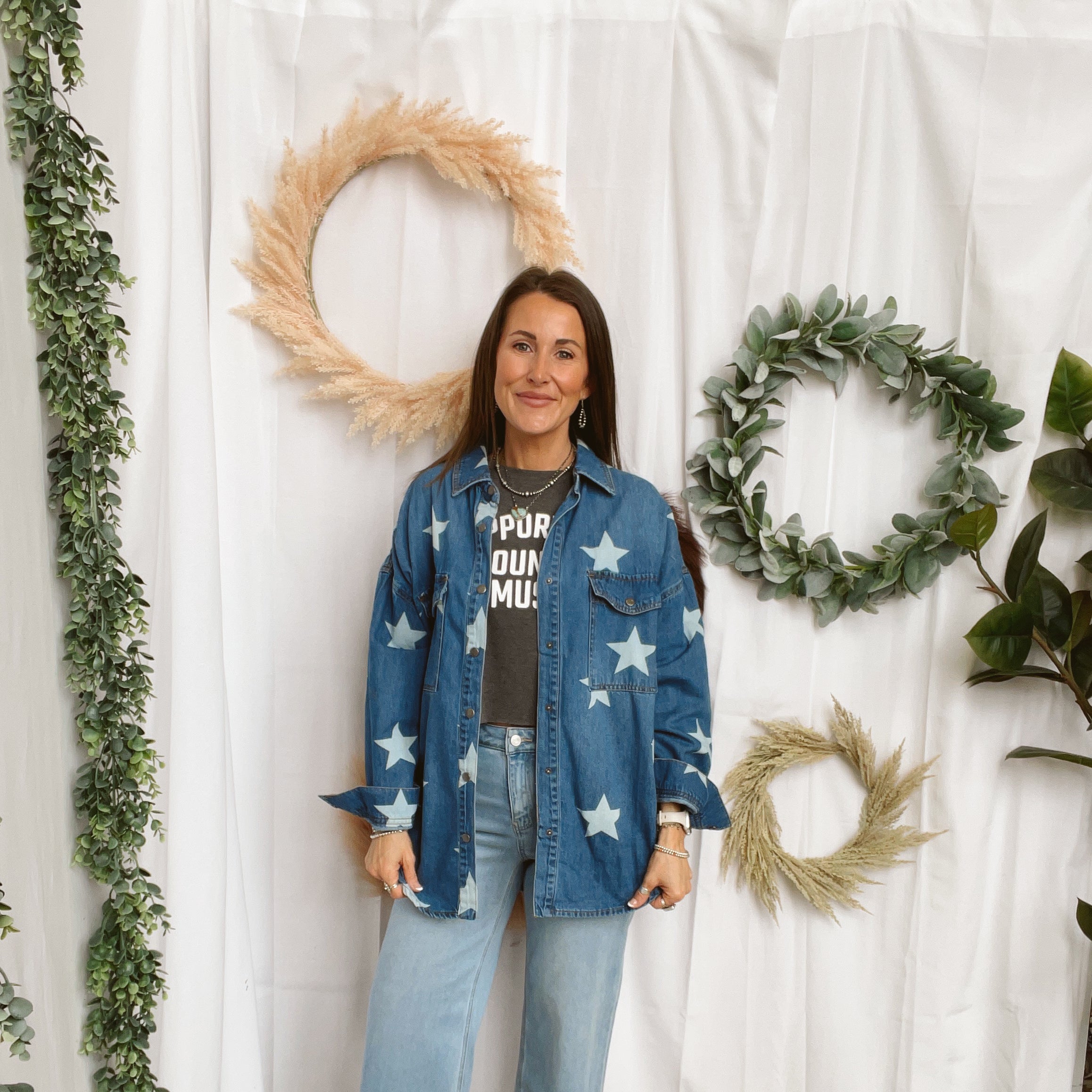 Risen Seeing Stars Denim Shirt-Long Sleeve Tops-risen-The Silo Boutique, Women's Fashion Boutique Located in Warren and Grand Forks North Dakota