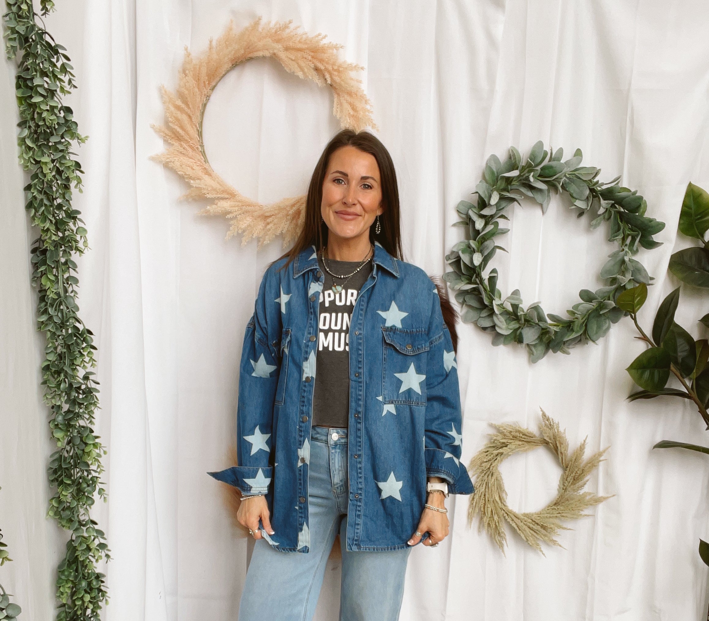 Risen Seeing Stars Denim Shirt-Long Sleeve Tops-risen-The Silo Boutique, Women's Fashion Boutique Located in Warren and Grand Forks North Dakota
