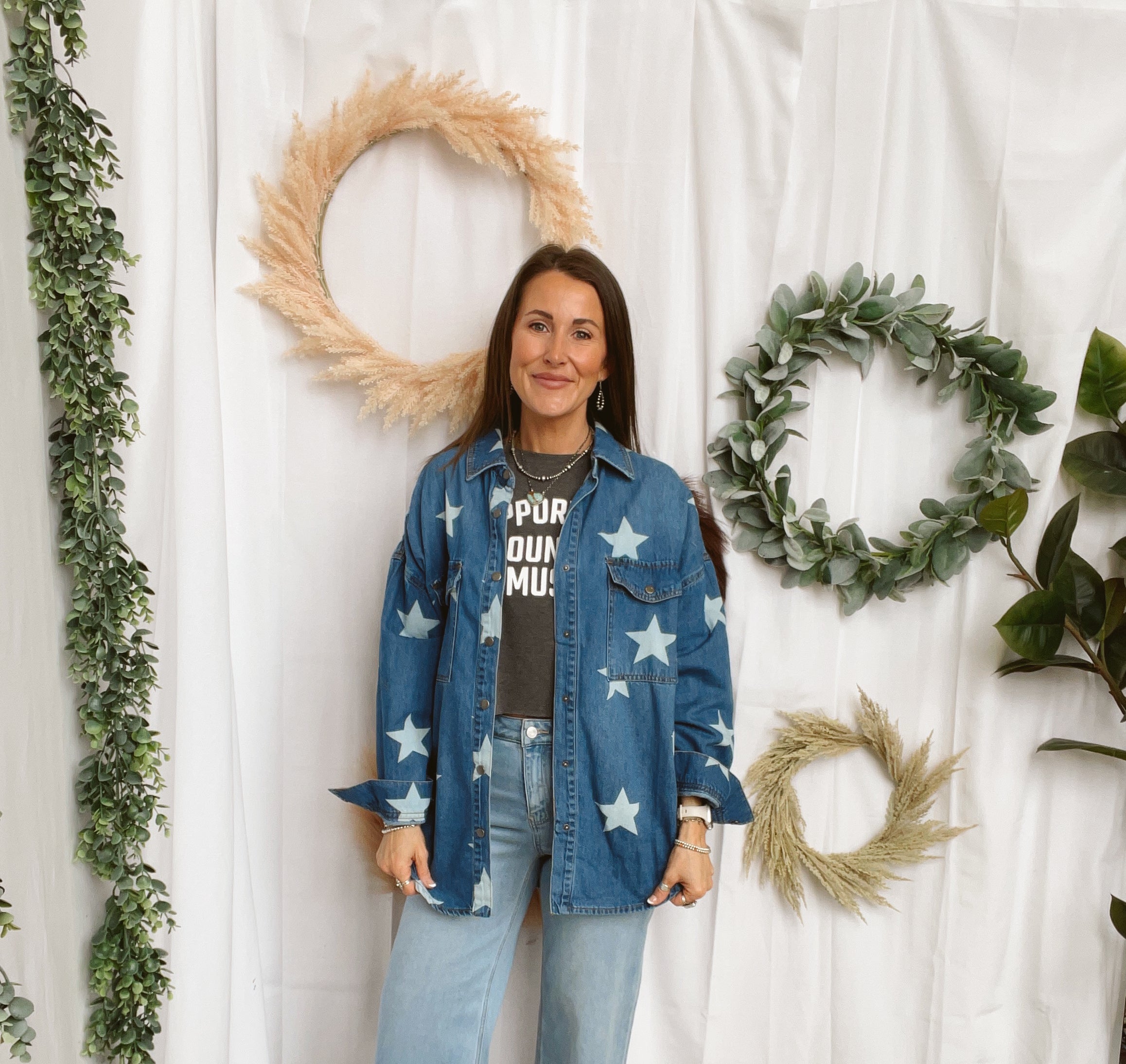 Risen Seeing Stars Denim Shirt-Long Sleeve Tops-risen-The Silo Boutique, Women's Fashion Boutique Located in Warren and Grand Forks North Dakota