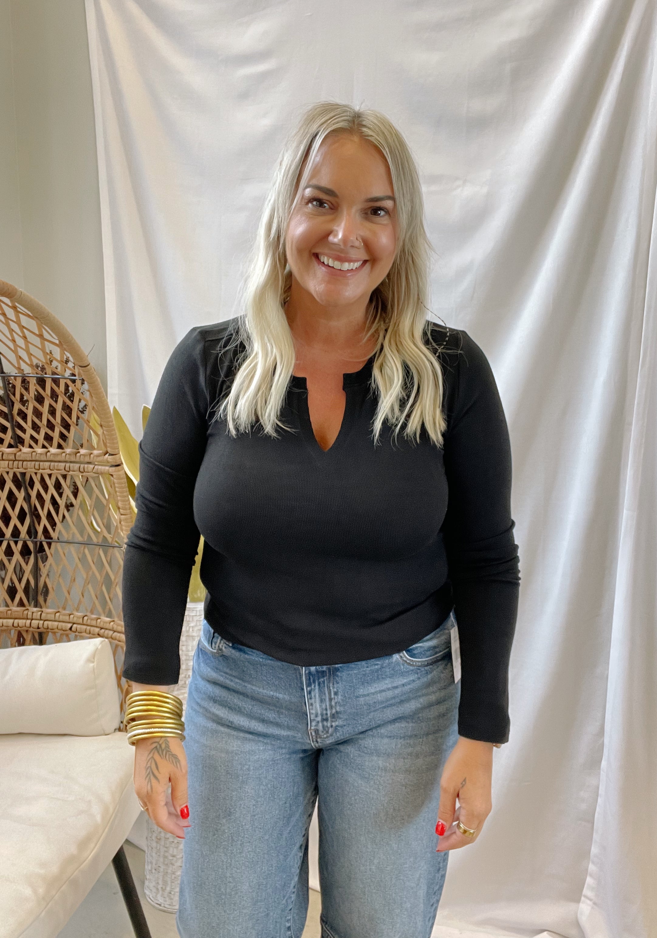 Be Cool Notched V Neck Long Sleeve Top-Long Sleeve Tops-be cool-The Silo Boutique, Women's Fashion Boutique Located in Warren and Grand Forks North Dakota