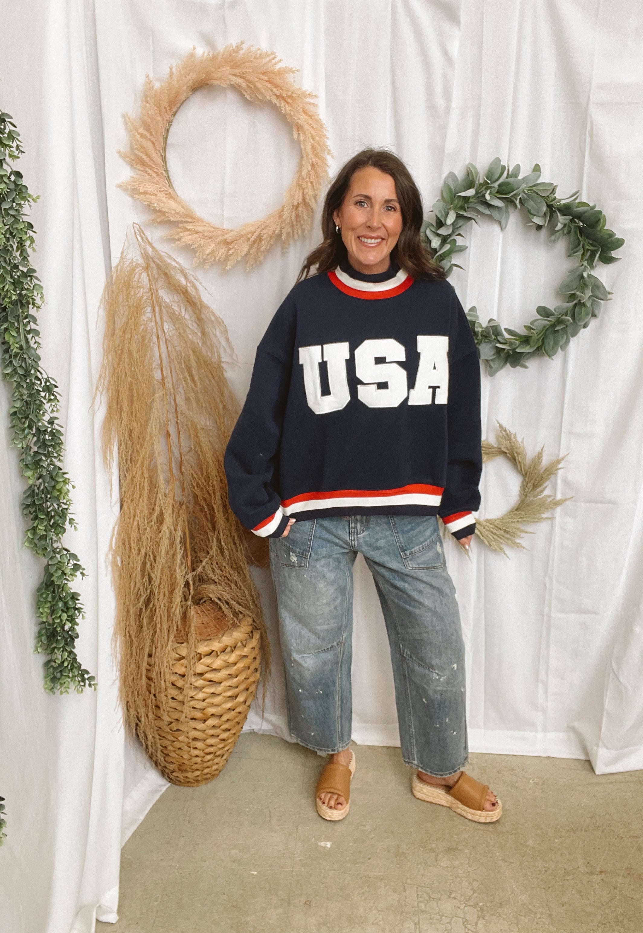 Navy USA Mock Neck Sweatshirt-Sweatshirts-tcec-The Silo Boutique, Women's Fashion Boutique Located in Warren and Grand Forks North Dakota