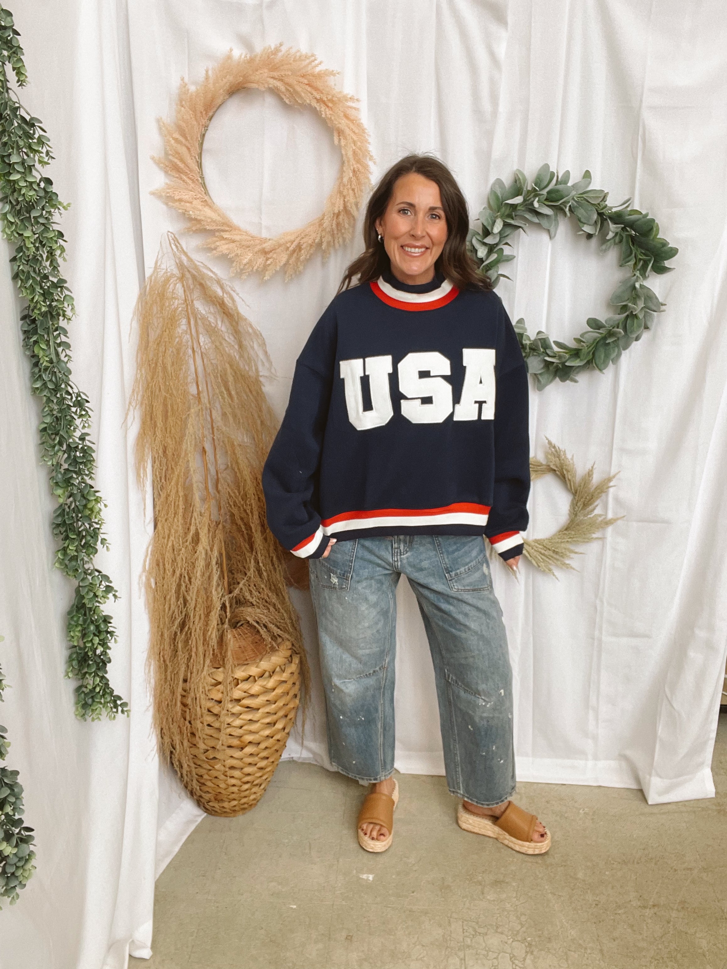 Navy USA Mock Neck Sweatshirt-Sweatshirts-tcec-The Silo Boutique, Women's Fashion Boutique Located in Warren and Grand Forks North Dakota