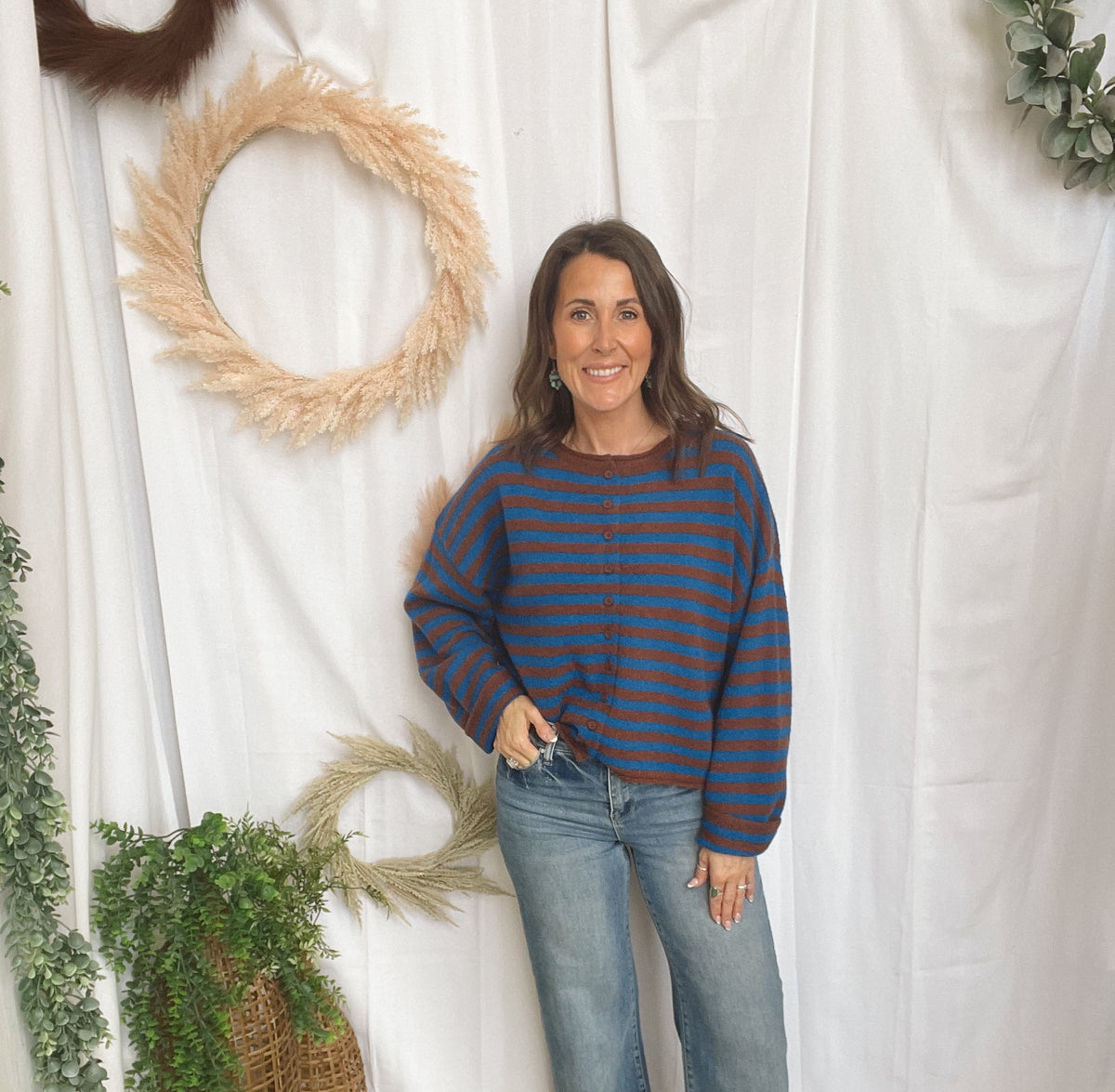 Dickie Striped Cardigan-Blue Brown-Cardigans-peach love-The Silo Boutique, Women's Fashion Boutique Located in Warren and Grand Forks North Dakota