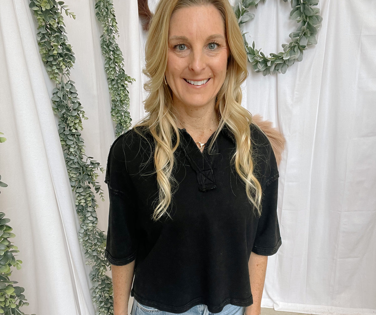 Livy Short Sleeve Collar Top-Black-Short Sleeve Tops-hyfve-The Silo Boutique, Women's Fashion Boutique Located in Warren and Grand Forks North Dakota