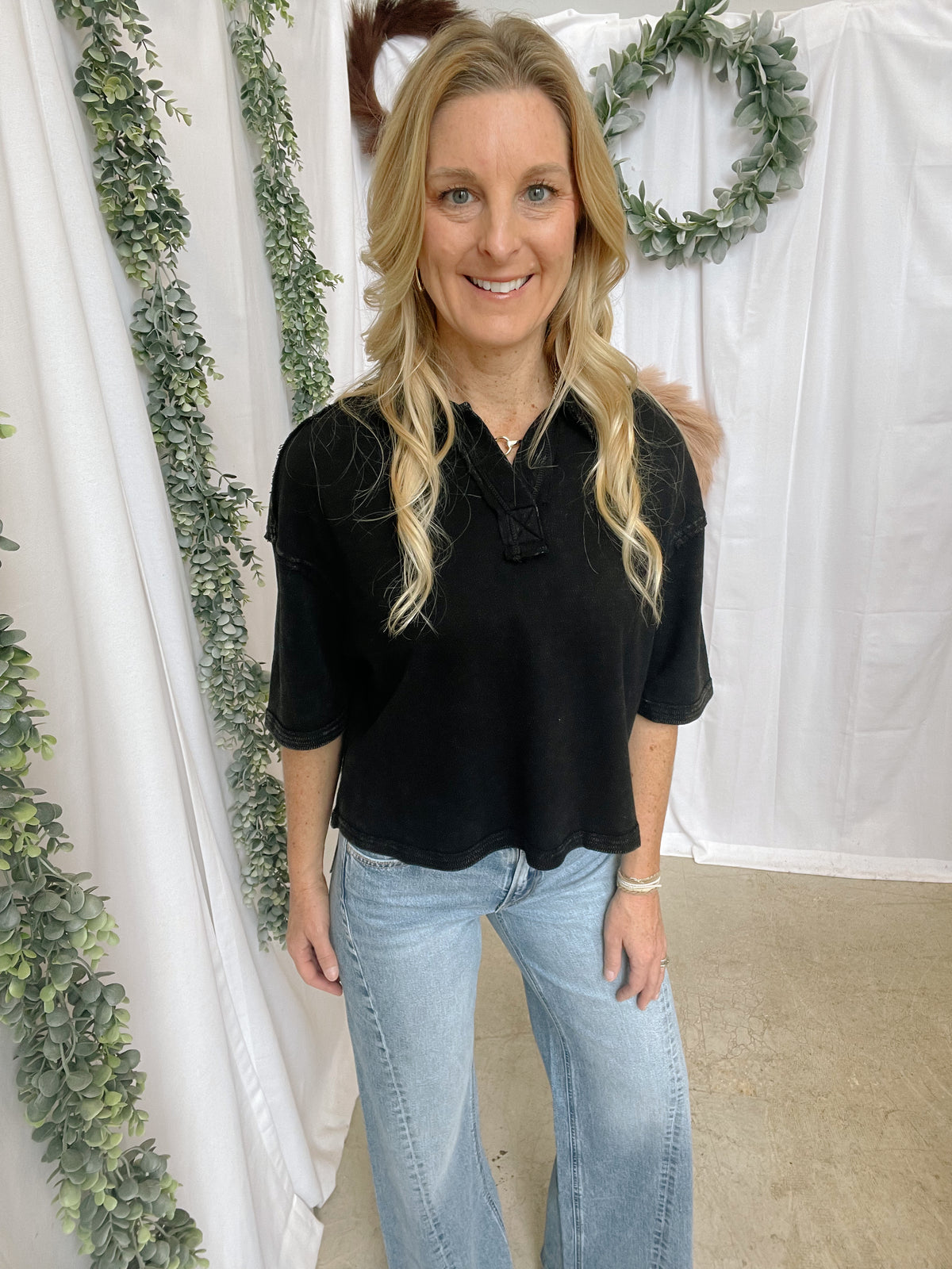Livy Short Sleeve Collar Top-Black-Short Sleeve Tops-hyfve-The Silo Boutique, Women's Fashion Boutique Located in Warren and Grand Forks North Dakota