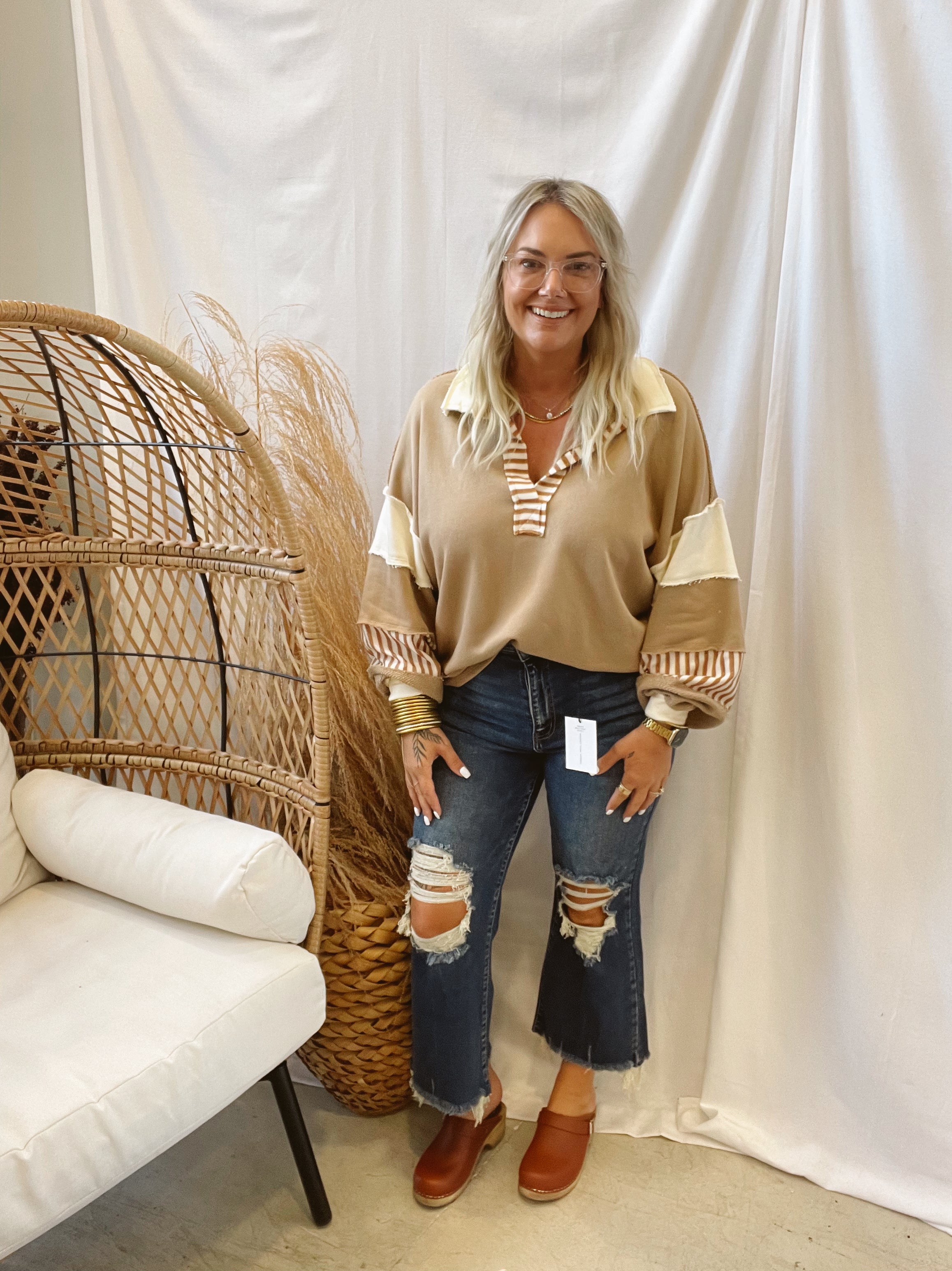 Taupe Collared Oversized Sweatshirt-Long Sleeve Tops-bucketlist-The Silo Boutique, Women's Fashion Boutique Located in Warren and Grand Forks North Dakota