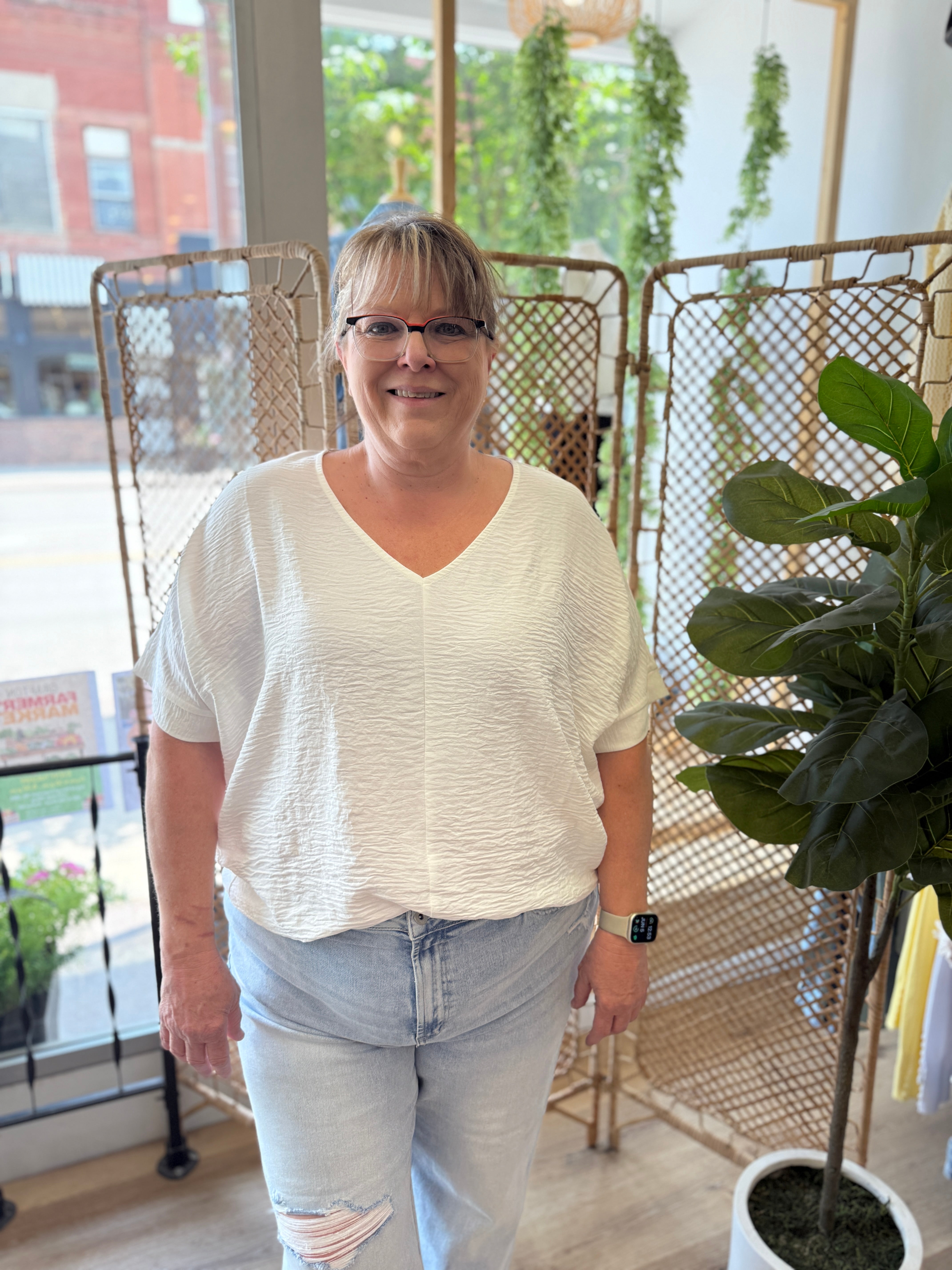 Zen V Neck Seam Top-White-Short Sleeve Tops-Zenana-The Silo Boutique, Women's Fashion Boutique Located in Warren and Grand Forks North Dakota