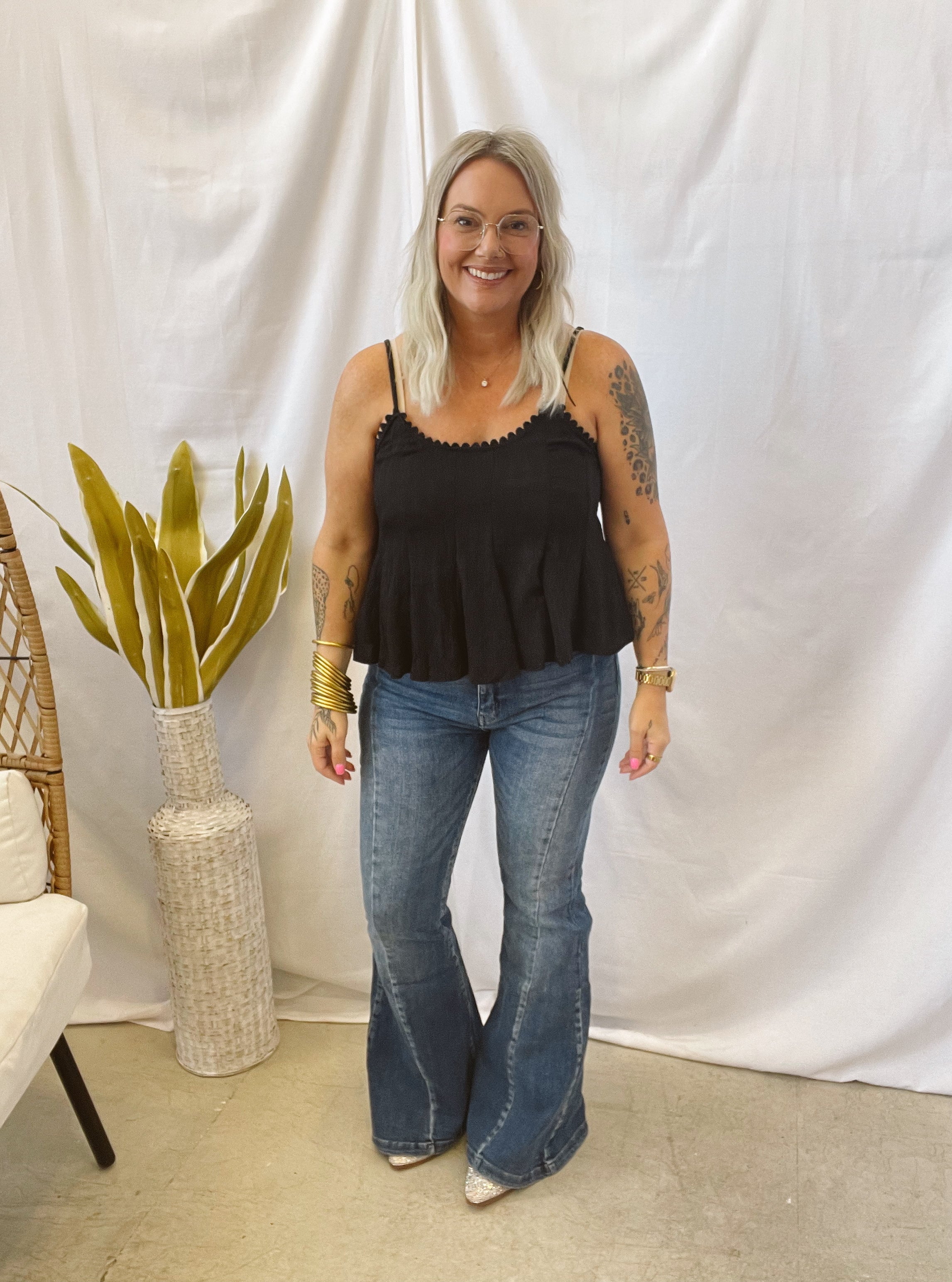 Crinkle Spaghetti Strap Tank-Black-Tank Tops-Umgee-The Silo Boutique, Women's Fashion Boutique Located in Warren and Grand Forks North Dakota