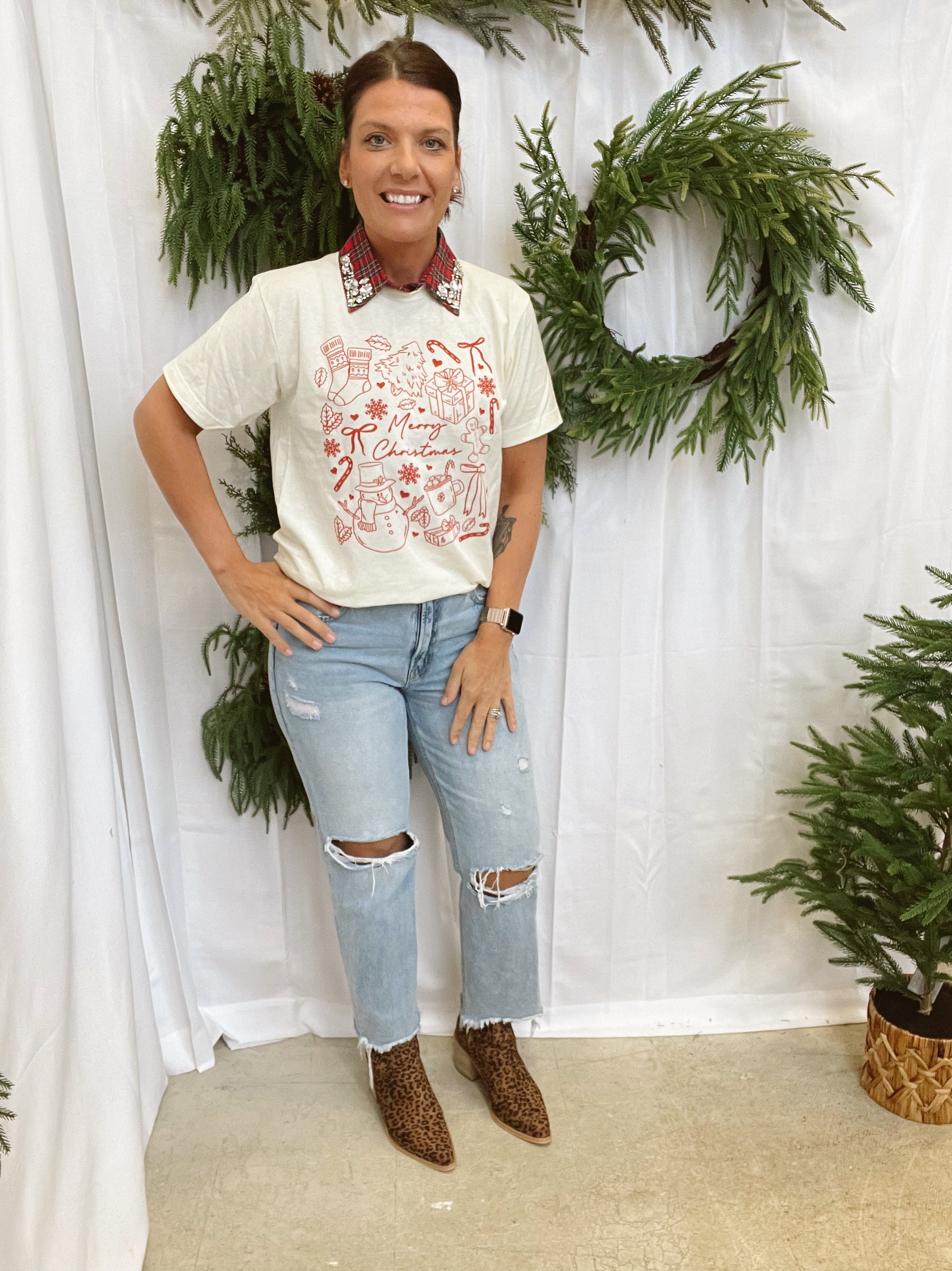 Corporate Collar-Red Christmas-Short Sleeve Tops-Summer Tees-The Silo Boutique, Women's Fashion Boutique Located in Warren and Grand Forks North Dakota