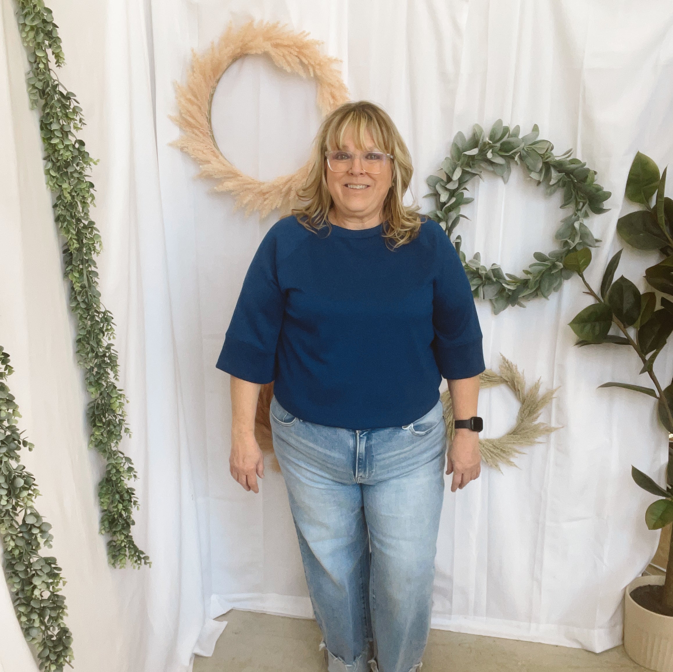 Louisa Scuba Quarter Sleeve Top-Navy-The Silo Boutique-The Silo Boutique, Women's Fashion Boutique Located in Warren and Grand Forks North Dakota