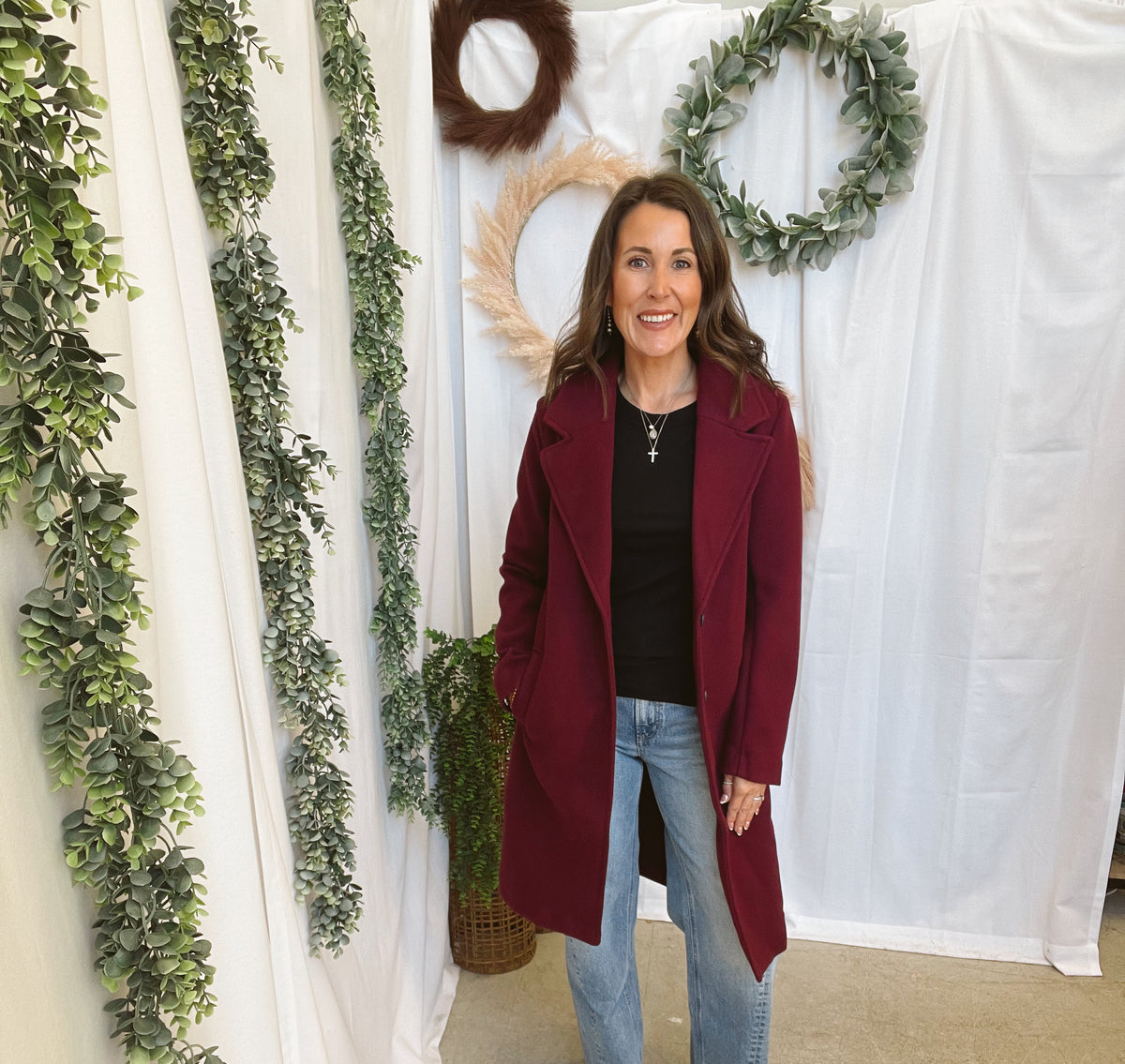 Nora Longline Lapel Coat-Burgundy-Coats & Jackets-love tree-The Silo Boutique, Women's Fashion Boutique Located in Warren and Grand Forks North Dakota