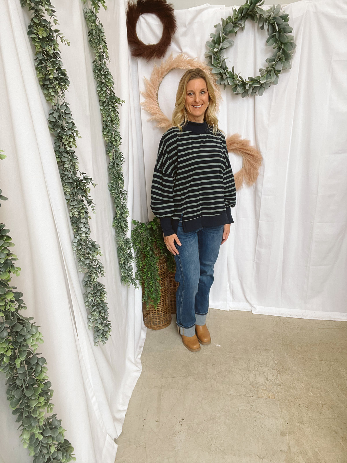 Nikki Mock Neck Sweatshirt-Navy/Sage-sweashirts-hyfve-The Silo Boutique, Women's Fashion Boutique Located in Warren and Grand Forks North Dakota
