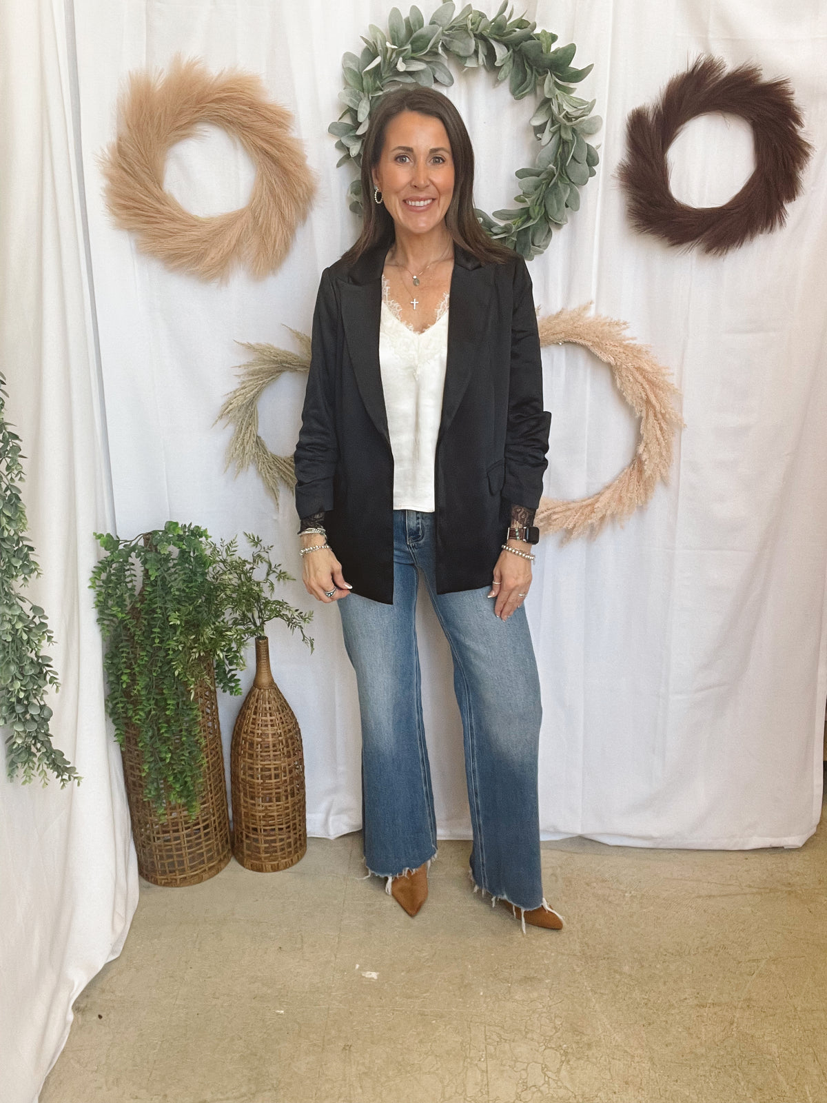 Skies Satin Blazer with Lace-Black-Blazers-skies are blue-The Silo Boutique, Women's Fashion Boutique Located in Warren and Grand Forks North Dakota