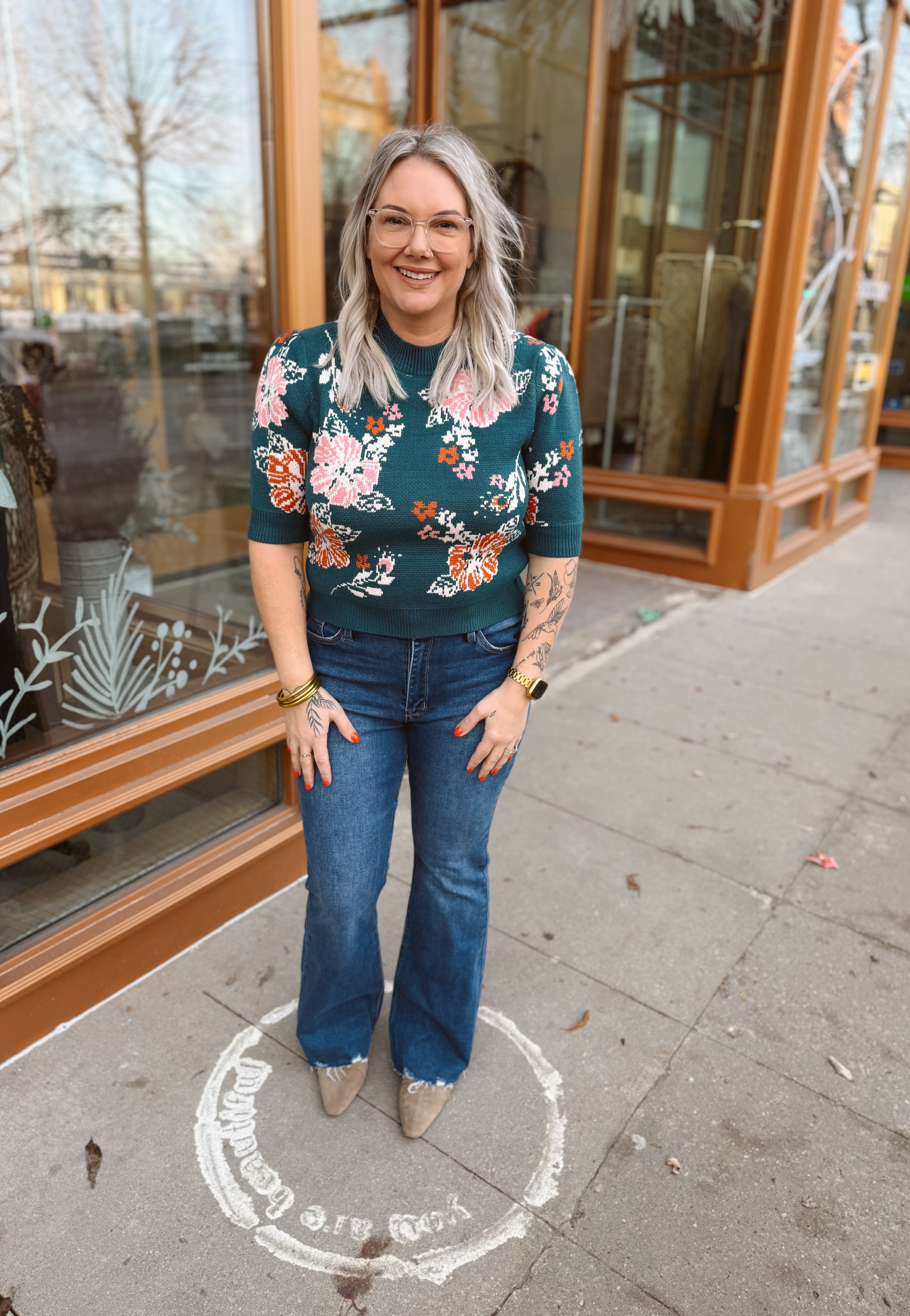 THML Teal Floral Short Sleeve Sweater Top-Sweaters-thml-The Silo Boutique, Women's Fashion Boutique Located in Warren and Grand Forks North Dakota
