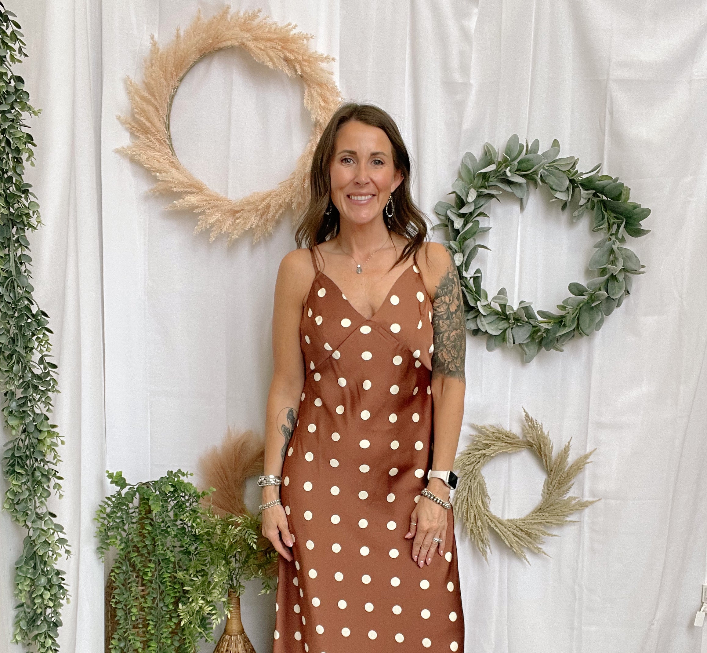 The Long Polka Dot Dress-Chestnut-Pants-eesome-The Silo Boutique, Women's Fashion Boutique Located in Warren and Grand Forks North Dakota
