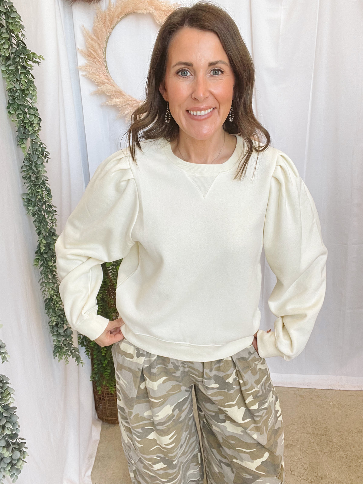 Lainey Puff Sleeve Sweatshirt-Cream-Sweatshirts-hyfve-The Silo Boutique, Women's Fashion Boutique Located in Warren and Grand Forks North Dakota