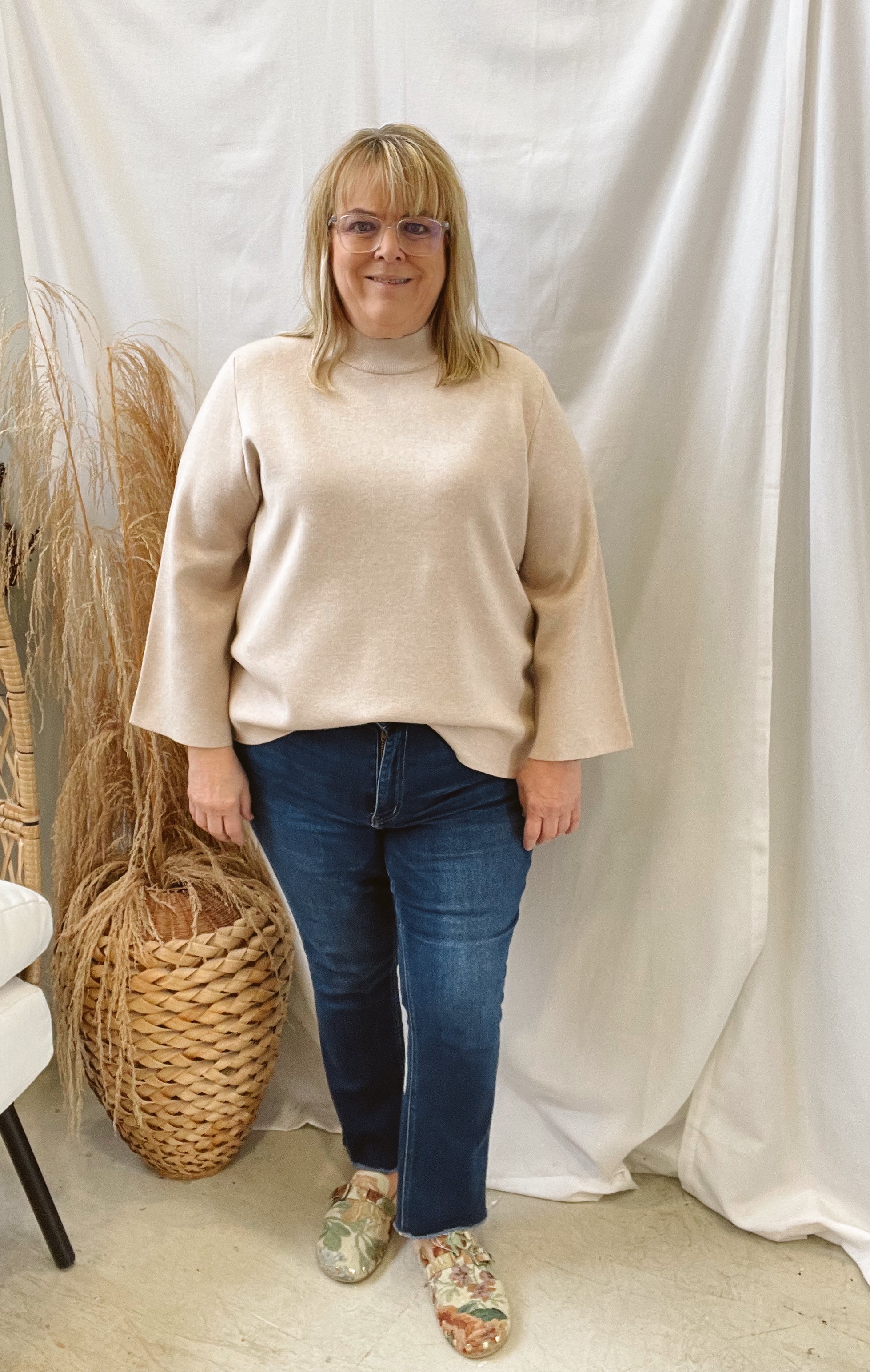 Evelyn Mock Neck Sweater-Almond-Sweaters-entro-The Silo Boutique, Women's Fashion Boutique Located in Warren and Grand Forks North Dakota