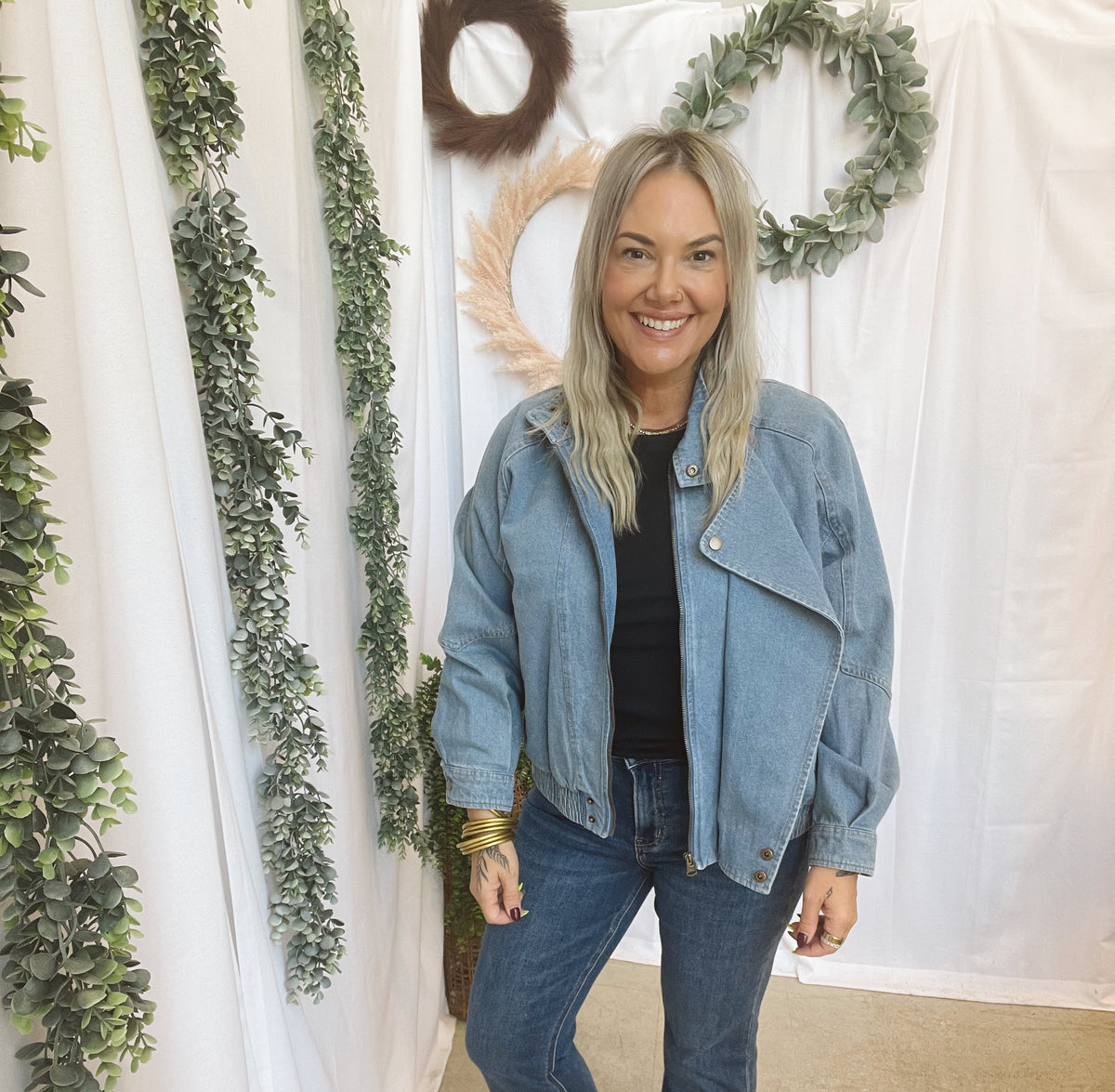 Be Cool Denim Bomber Jacket-Coats & Jackets-be cool-The Silo Boutique, Women's Fashion Boutique Located in Warren and Grand Forks North Dakota