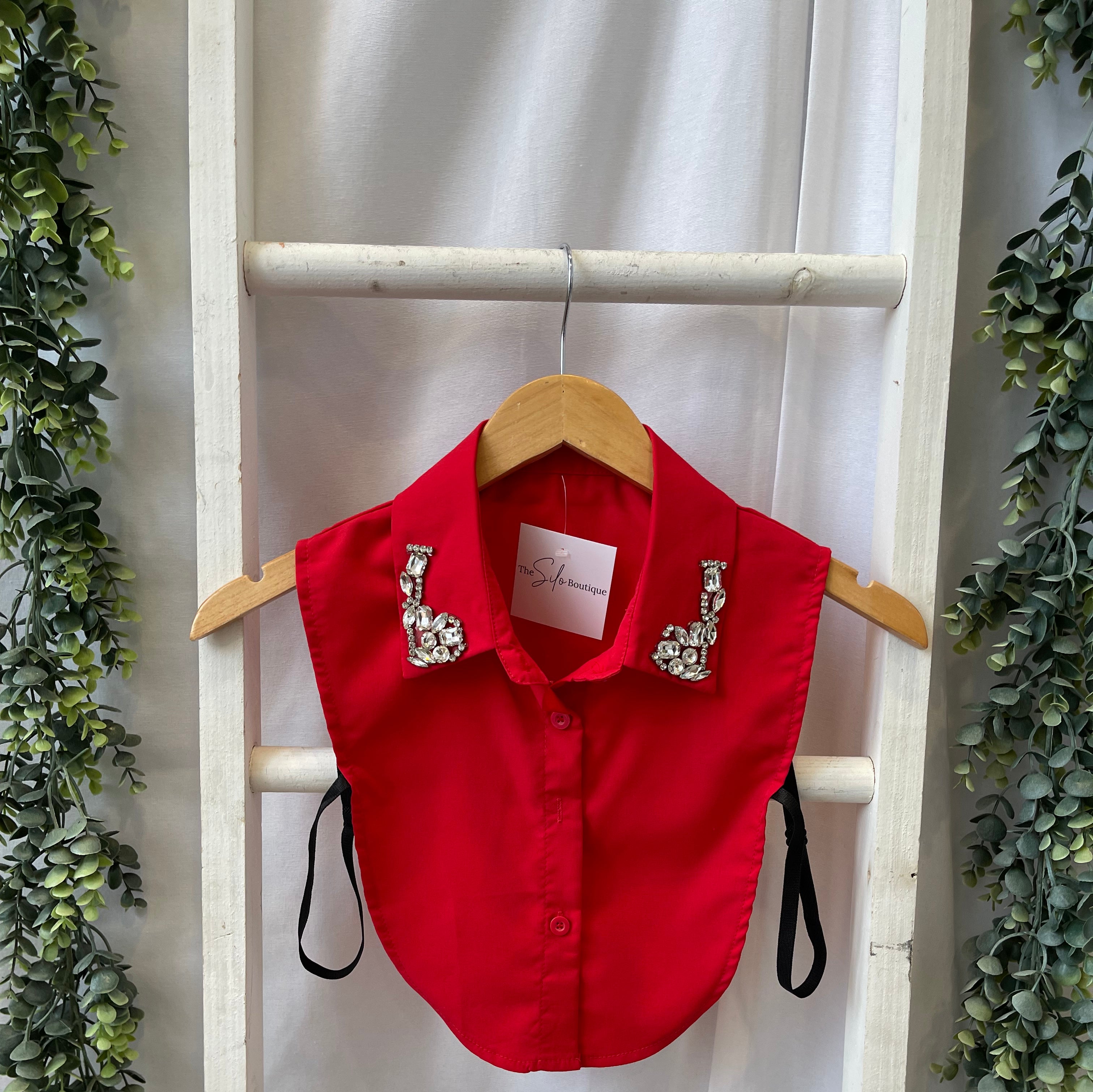 Corporate Collar-Red with Gems-Final Sale-Short Sleeve Tops-Summer Tees-The Silo Boutique, Women's Fashion Boutique Located in Warren and Grand Forks North Dakota