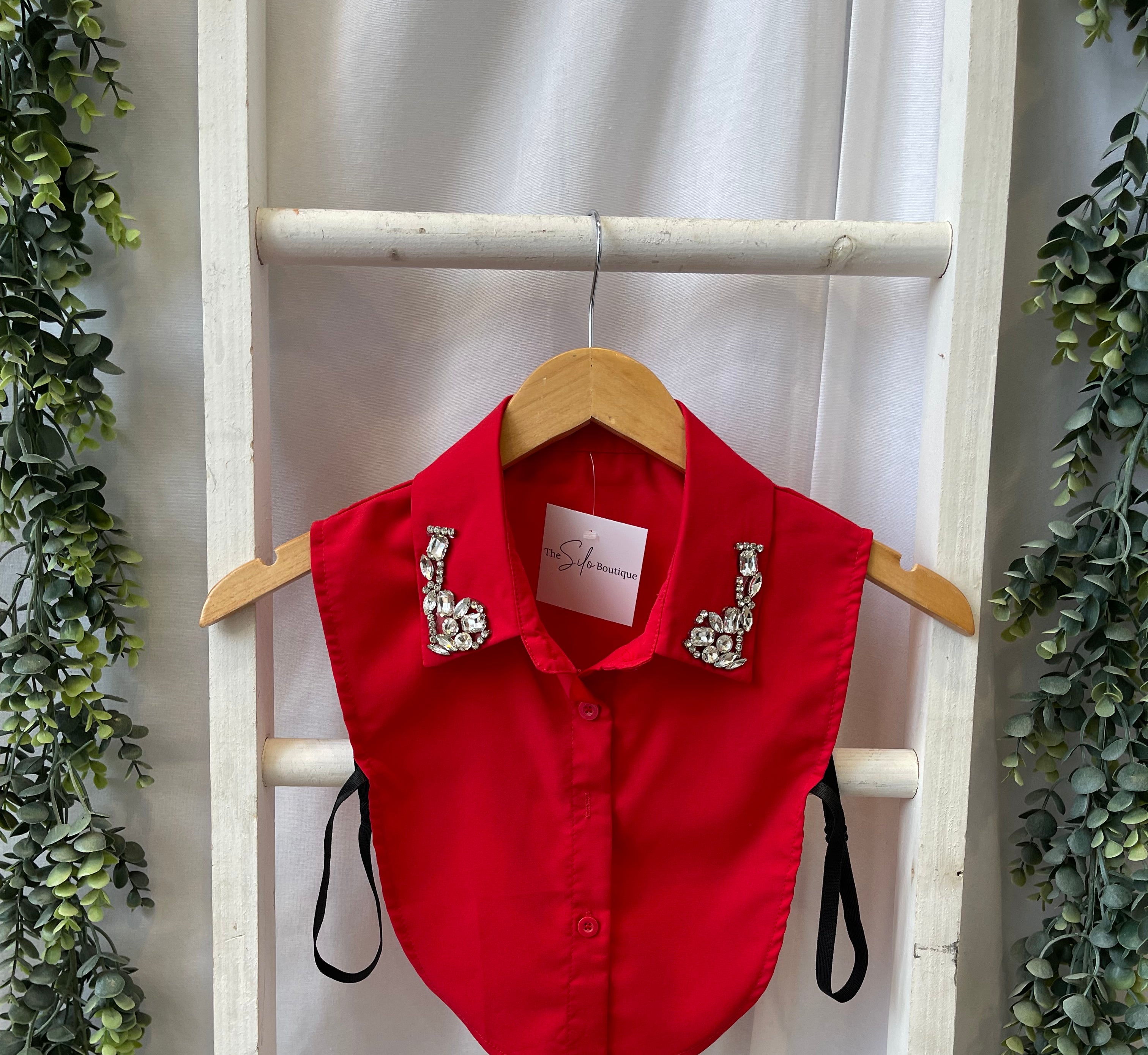 Corporate Collar-Red with Gems-Short Sleeve Tops-Summer Tees-The Silo Boutique, Women's Fashion Boutique Located in Warren and Grand Forks North Dakota