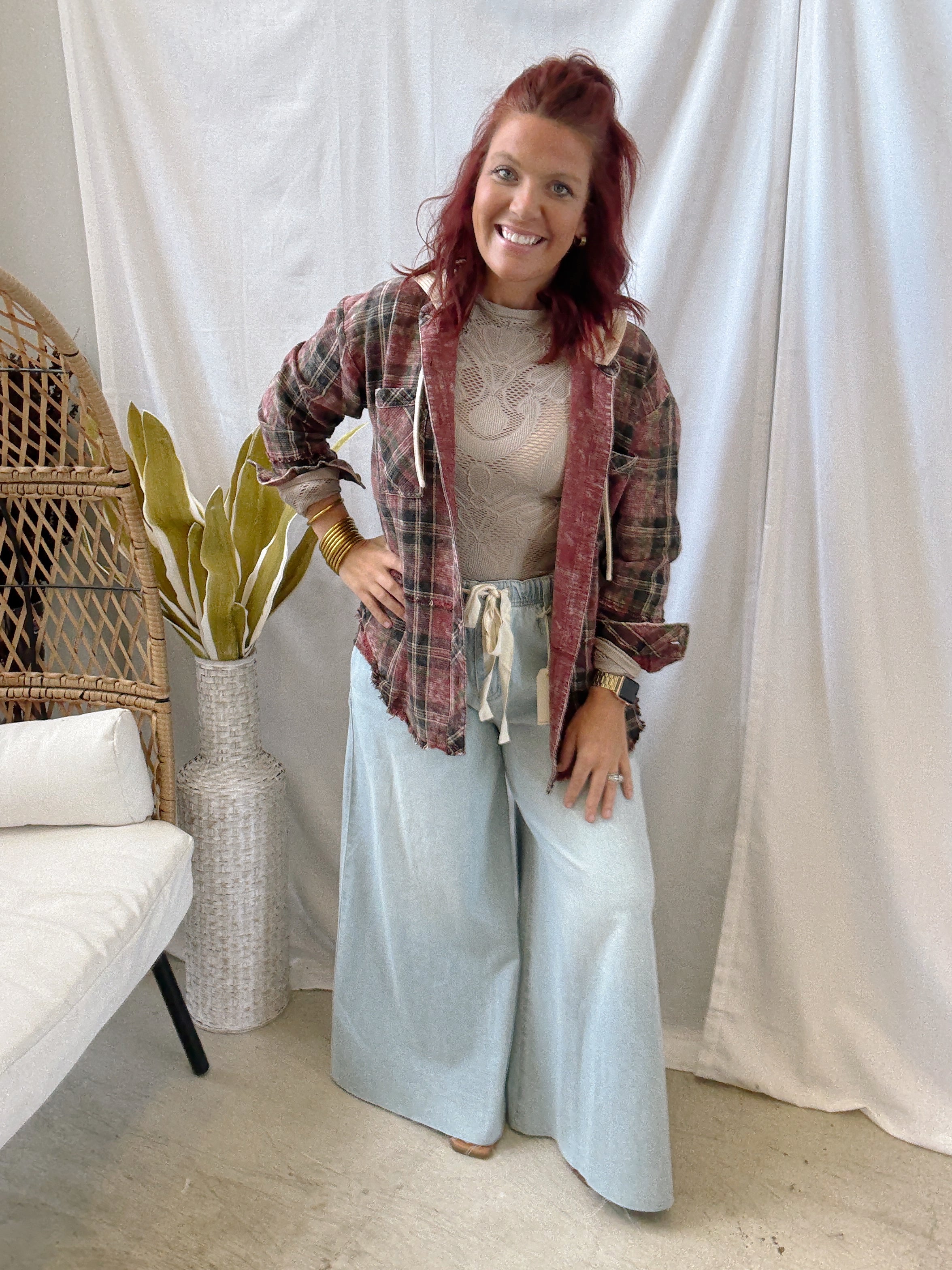 Washed Merlot Plaid Hooded Shacket-Blazers-mystree-The Silo Boutique, Women's Fashion Boutique Located in Warren and Grand Forks North Dakota