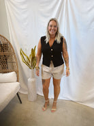 Black with Gold Button Vest-Vests-she and sky-The Silo Boutique, Women's Fashion Boutique Located in Warren and Grand Forks North Dakota