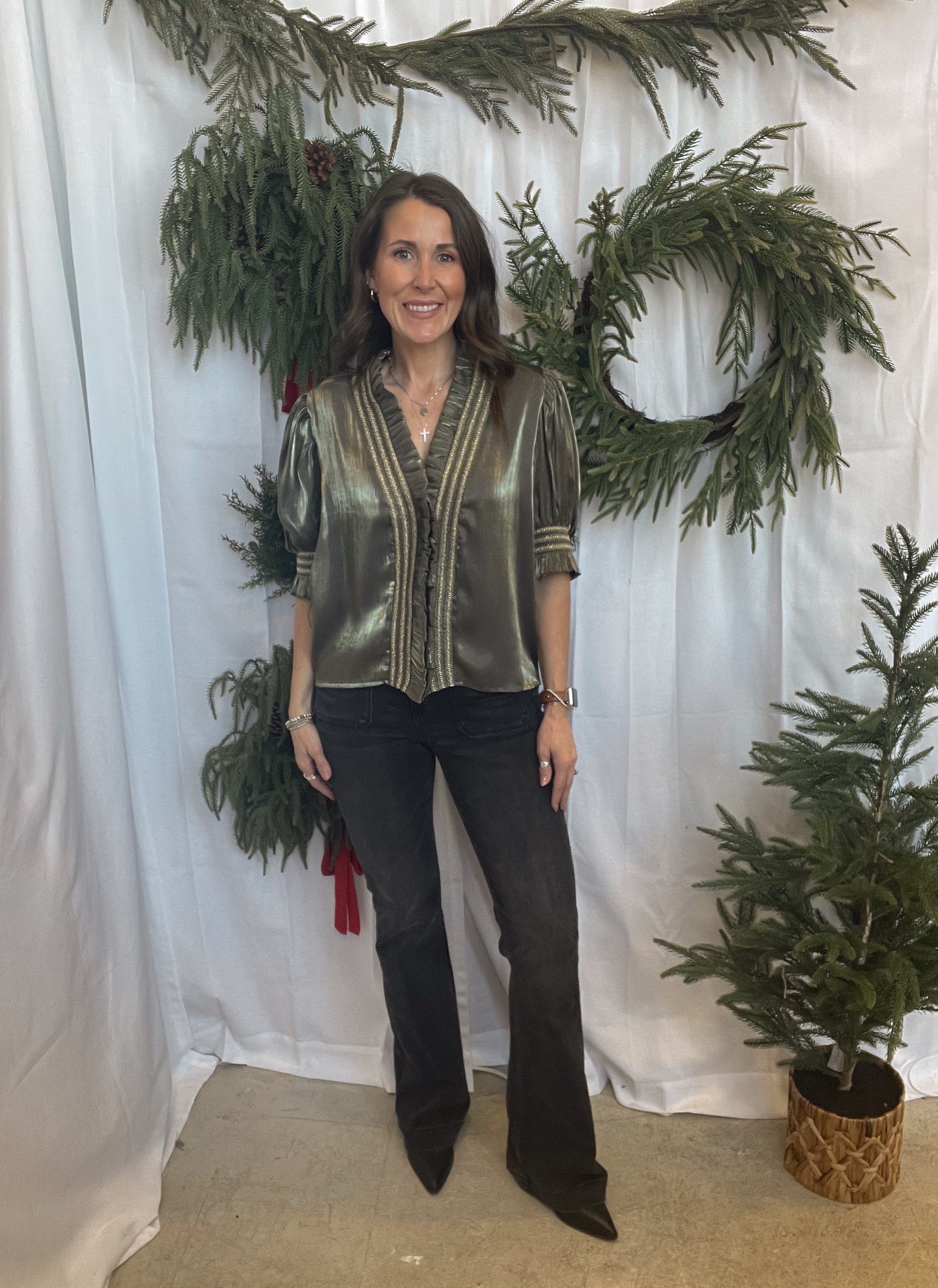 Glam Ruffle Smocked Top-Olive-Short Sleeve Tops-glam-The Silo Boutique, Women's Fashion Boutique Located in Warren and Grand Forks North Dakota