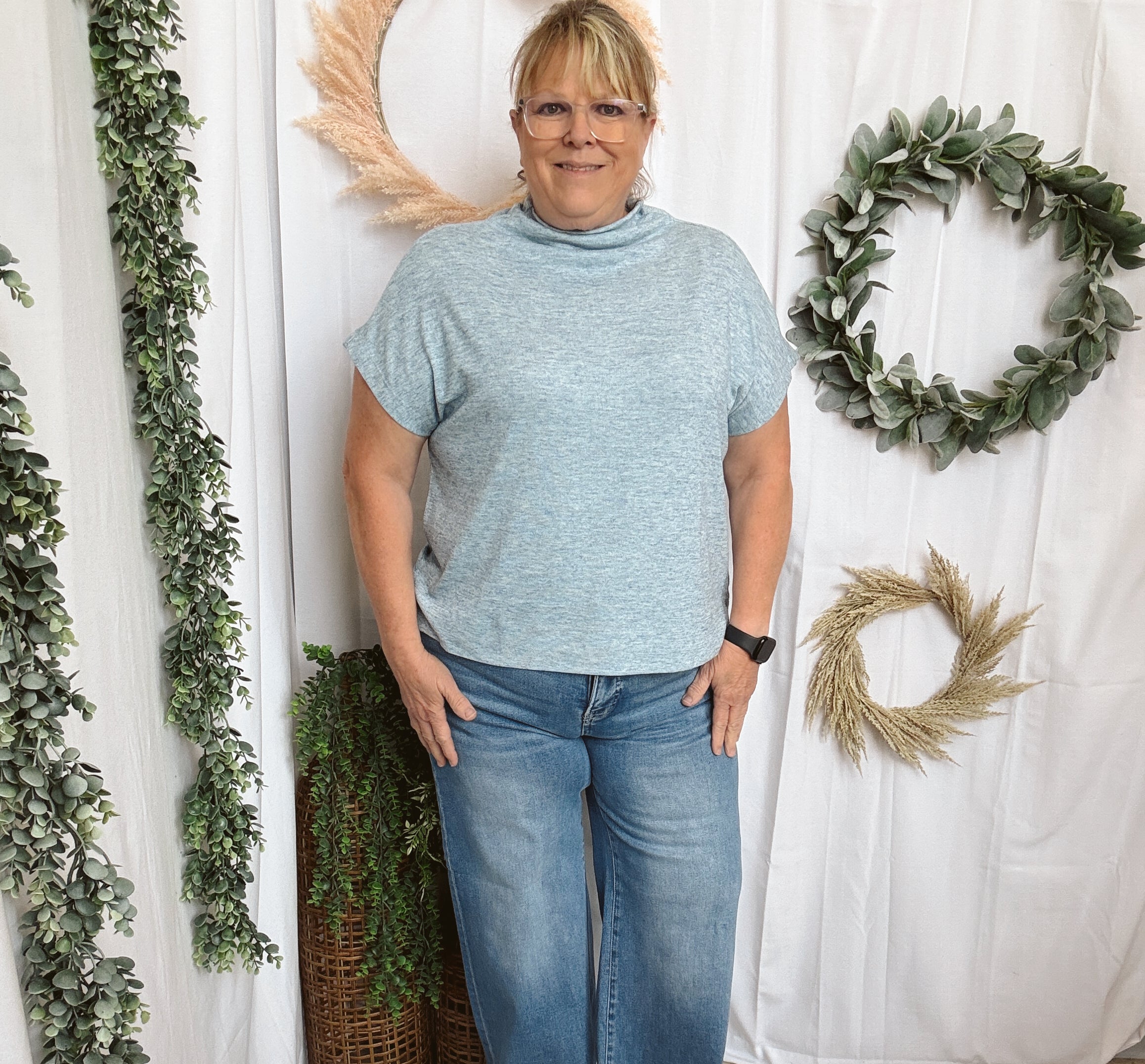 Becca Basic Mock Short Sleeve Top-Blue-Short Sleeve Tops-entro-The Silo Boutique, Women's Fashion Boutique Located in Warren and Grand Forks North Dakota