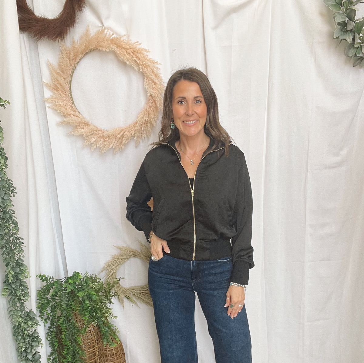 Georgia Black Satin Bomber Jacket-Coats & Jackets-glam-The Silo Boutique, Women's Fashion Boutique Located in Warren and Grand Forks North Dakota