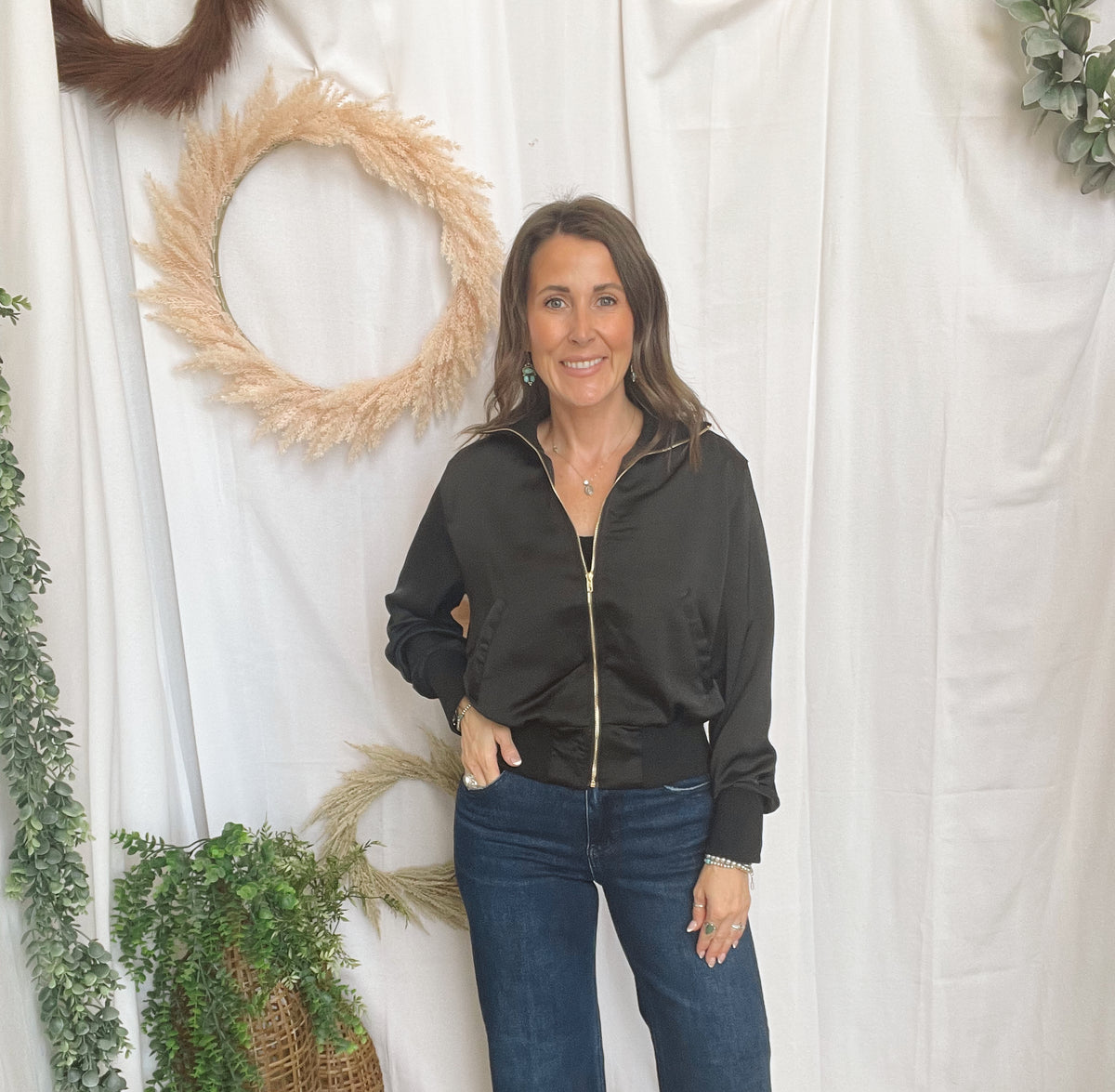 Georgia Black Satin Bomber Jacket-Coats & Jackets-glam-The Silo Boutique, Women's Fashion Boutique Located in Warren and Grand Forks North Dakota