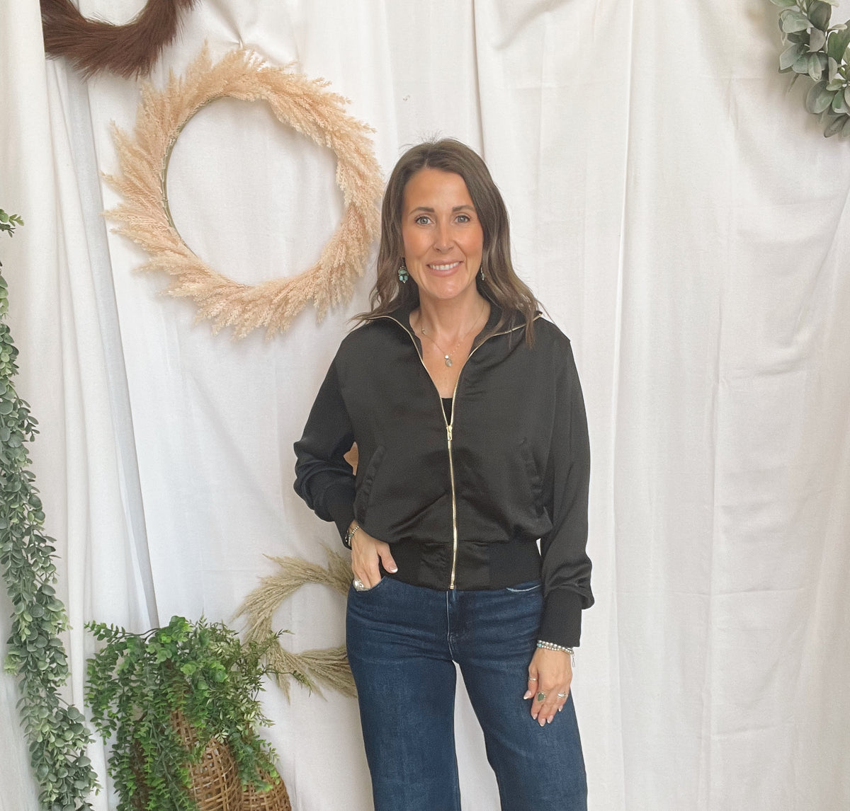 Georgia Black Satin Bomber Jacket-Coats & Jackets-glam-The Silo Boutique, Women's Fashion Boutique Located in Warren and Grand Forks North Dakota