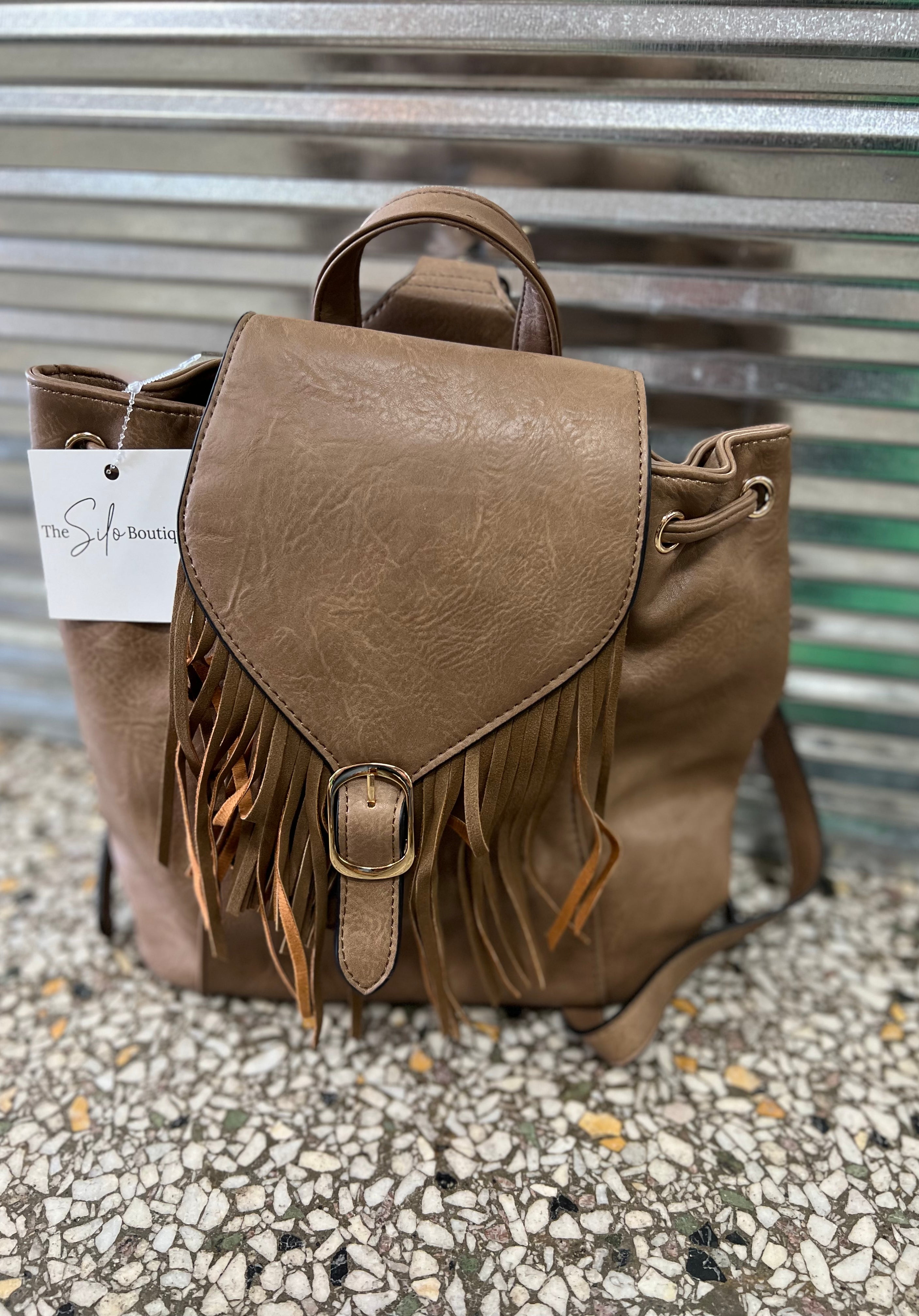 Jen and Co Jewel Bucket Backpack Purse w/ Fringe-Purses-Jen and Co-The Silo Boutique, Women's Fashion Boutique Located in Warren and Grand Forks North Dakota