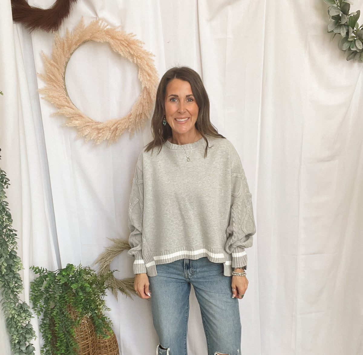 Lisa Cable Knit Sleeve Sweatshirt-Grey-Cardigans-lelis-The Silo Boutique, Women's Fashion Boutique Located in Warren and Grand Forks North Dakota