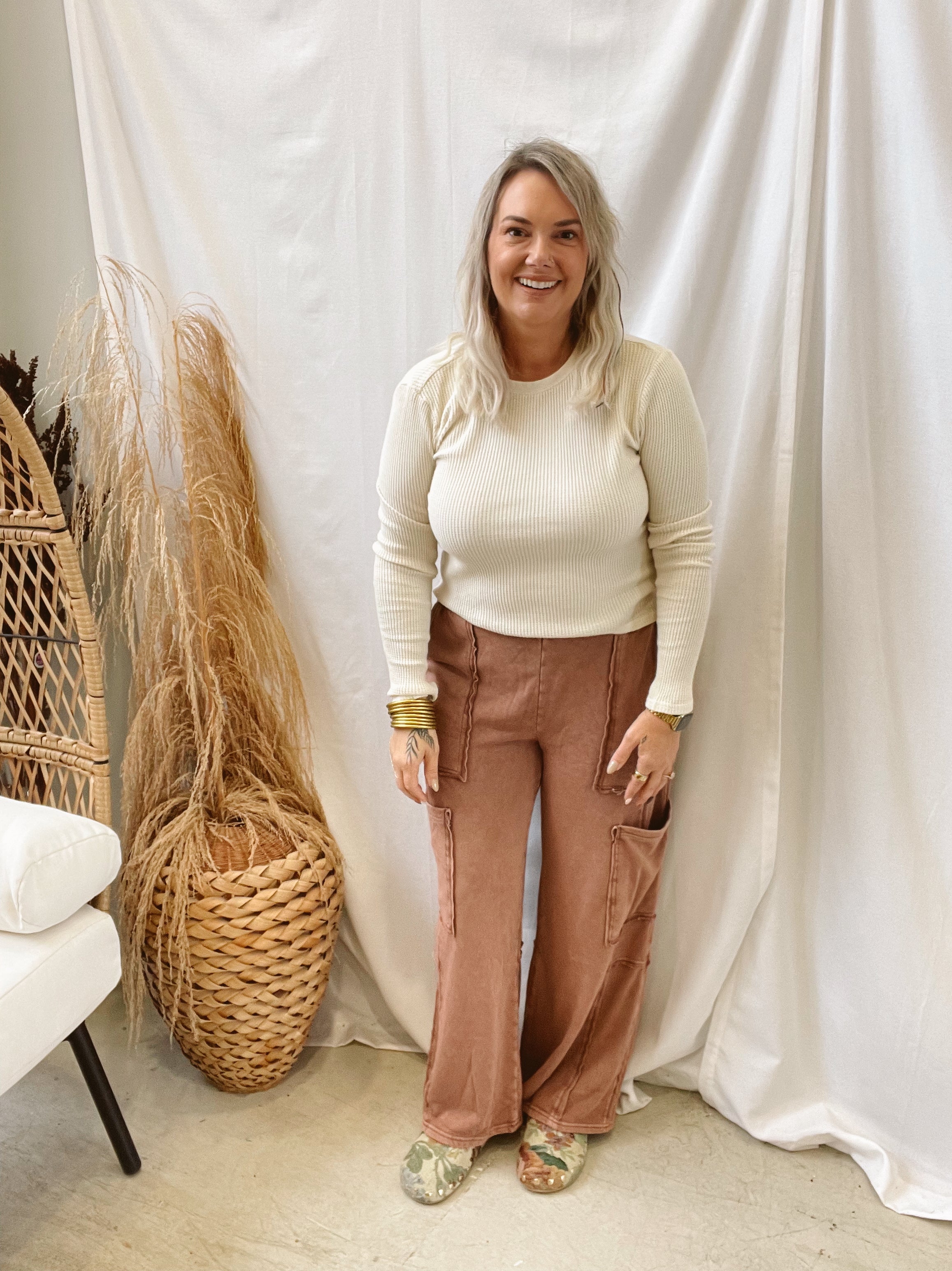 Knit Oversized Cargo Pants-Chestnut-Pants-hyfve-The Silo Boutique, Women's Fashion Boutique Located in Warren and Grand Forks North Dakota