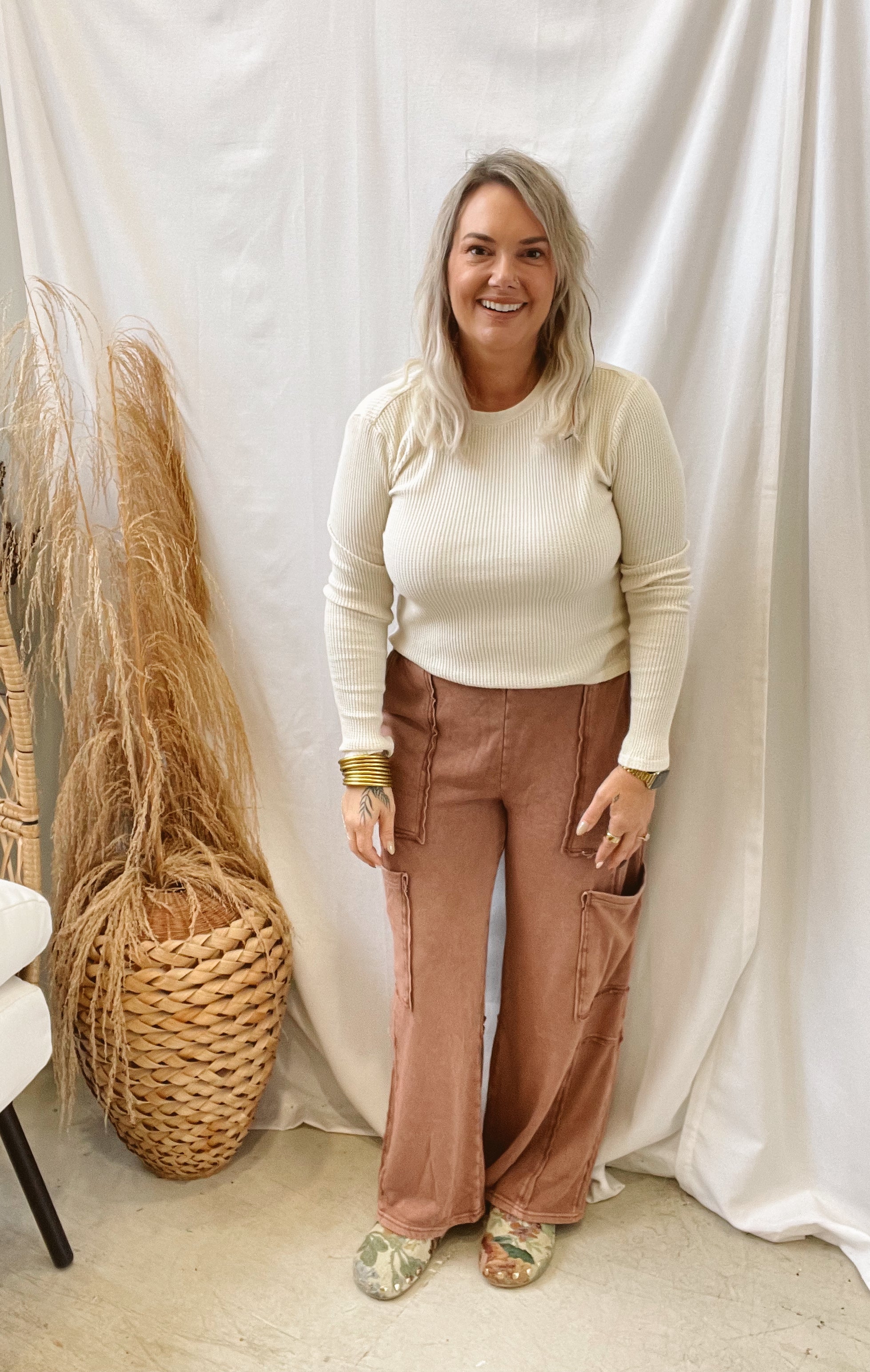 Knit Oversized Cargo Pants-Chestnut-Pants-hyfve-The Silo Boutique, Women's Fashion Boutique Located in Warren and Grand Forks North Dakota