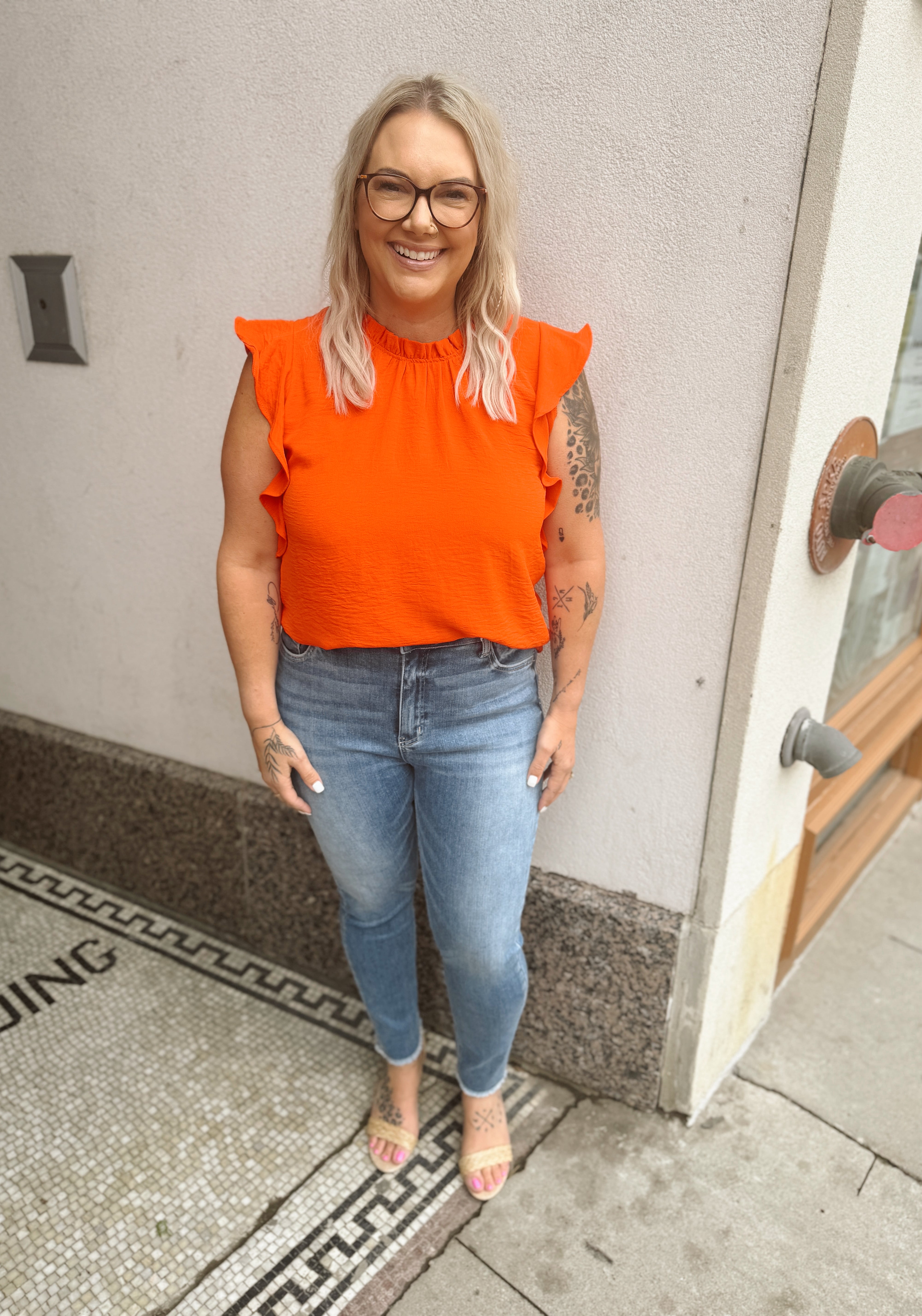 Leslie Ruffled Short Sleeve Top-Sunset-Short Sleeve Tops-les amis-The Silo Boutique, Women's Fashion Boutique Located in Warren and Grand Forks North Dakota