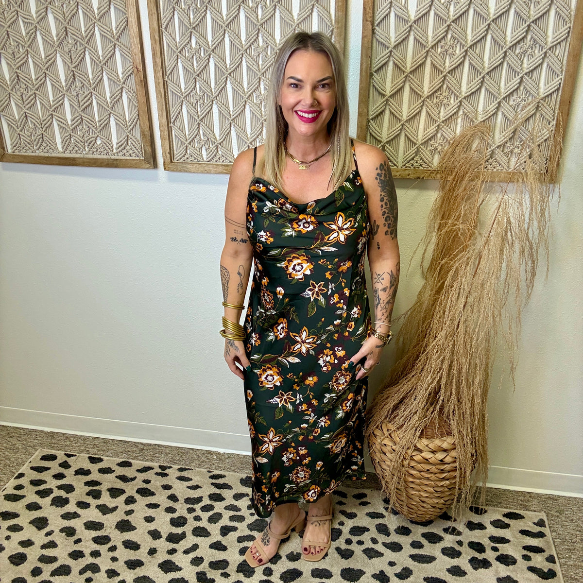 Floral Printed Cowl Neck Dress-Green-Dresses-skies are blue-The Silo Boutique, Women's Fashion Boutique Located in Warren and Grand Forks North Dakota