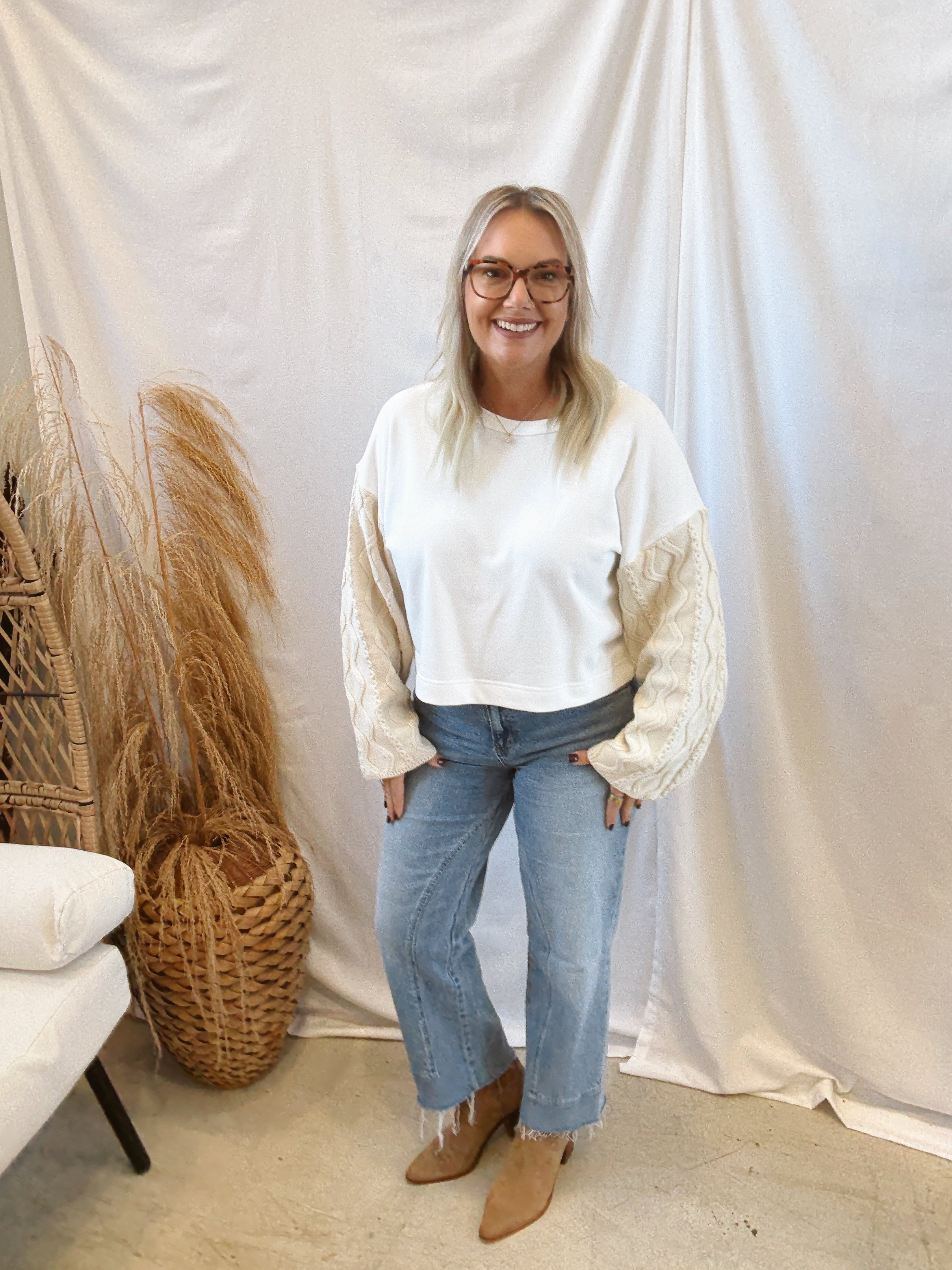 By Together Cable Knit Sleeve Pullover-Long Sleeve Tops-by together-The Silo Boutique, Women's Fashion Boutique Located in Warren and Grand Forks North Dakota